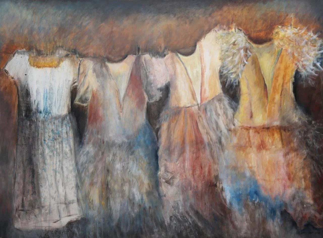 A row of ghostly dresses hung side by side against a warm smoky ground, painted in muted taupe, grey and cream with soft washes of ochre, rust and faded blue - quiet, tonal and dreamlike.