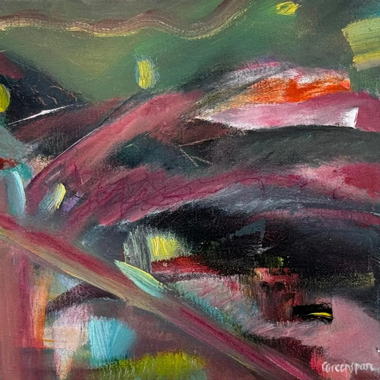 A moody landscape with a dark green sky over maroon and pink hills, dabbed with yellow and orange and small flecks of teal.