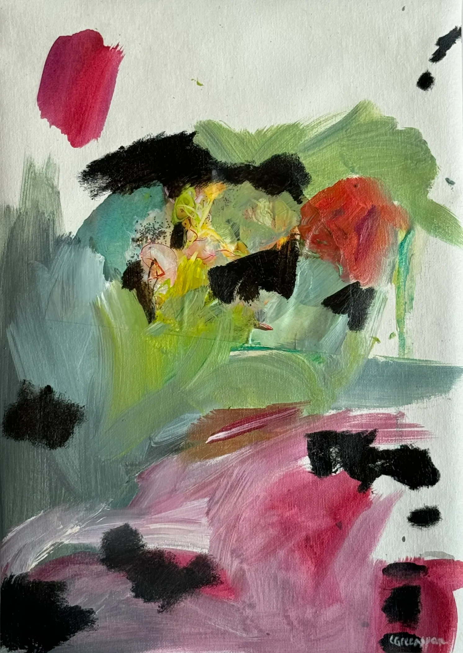 Spare blocks of black, pink and lime drifting across a white ground.