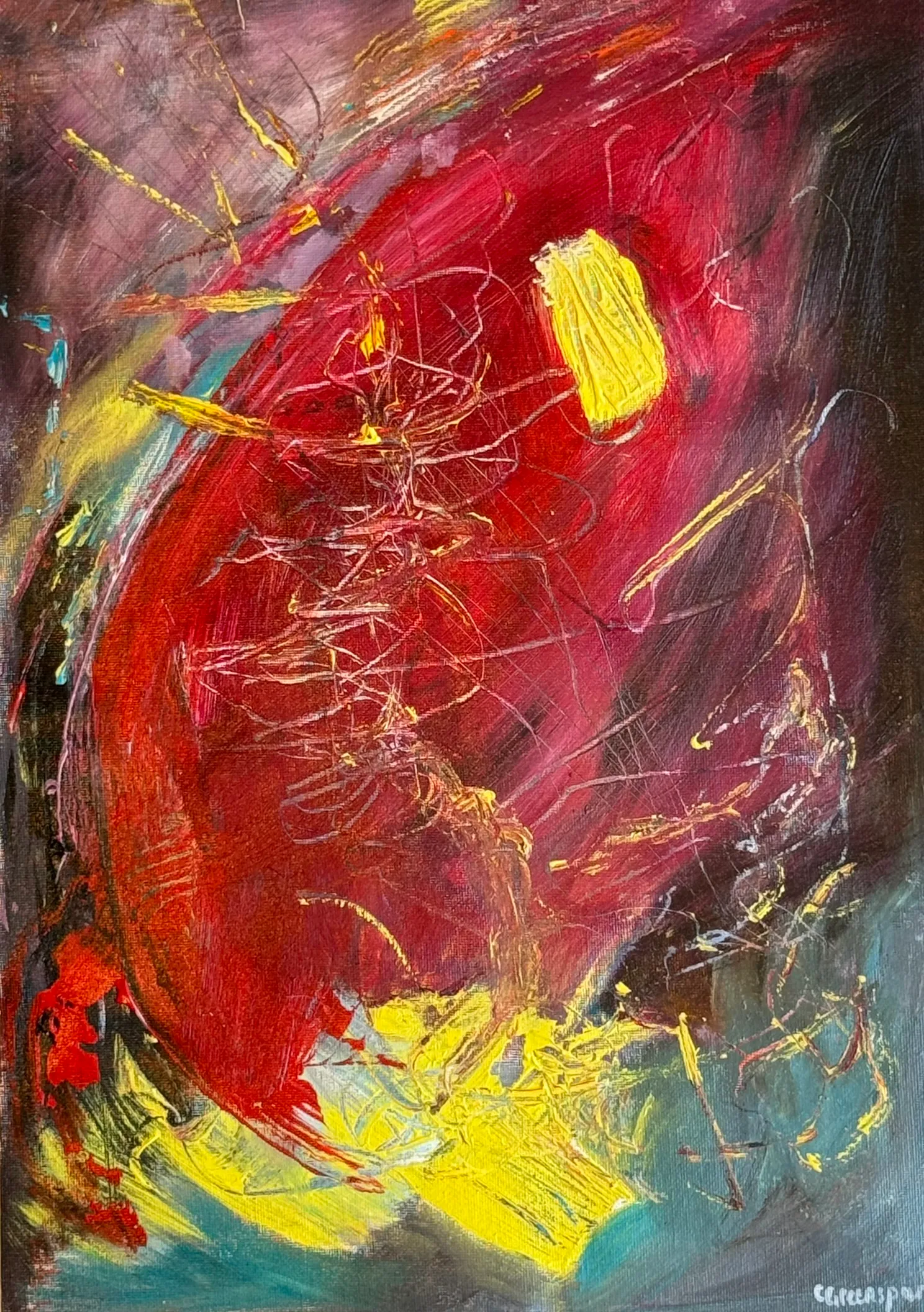 A vivid red field swept with yellow and blue gestural marks.