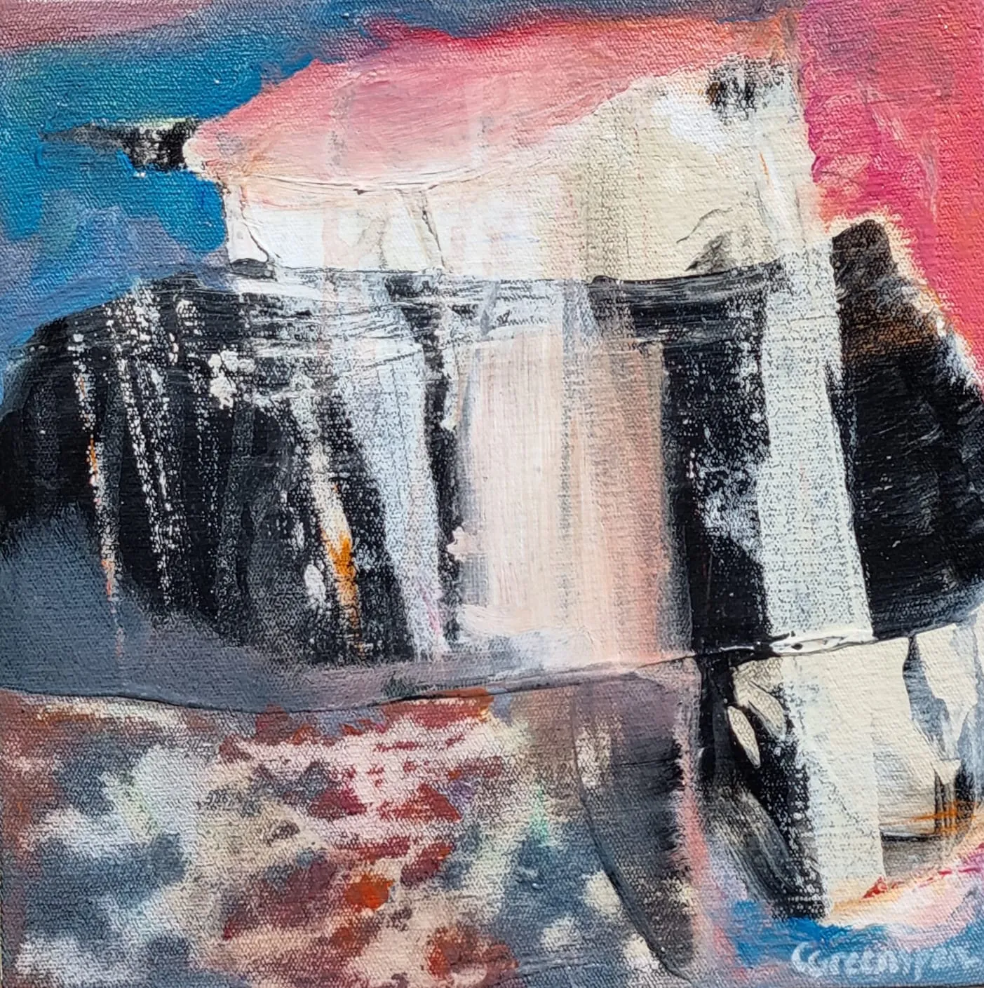 A bold black gestural mass over a grey and cream ground, with flecks of red and pink.