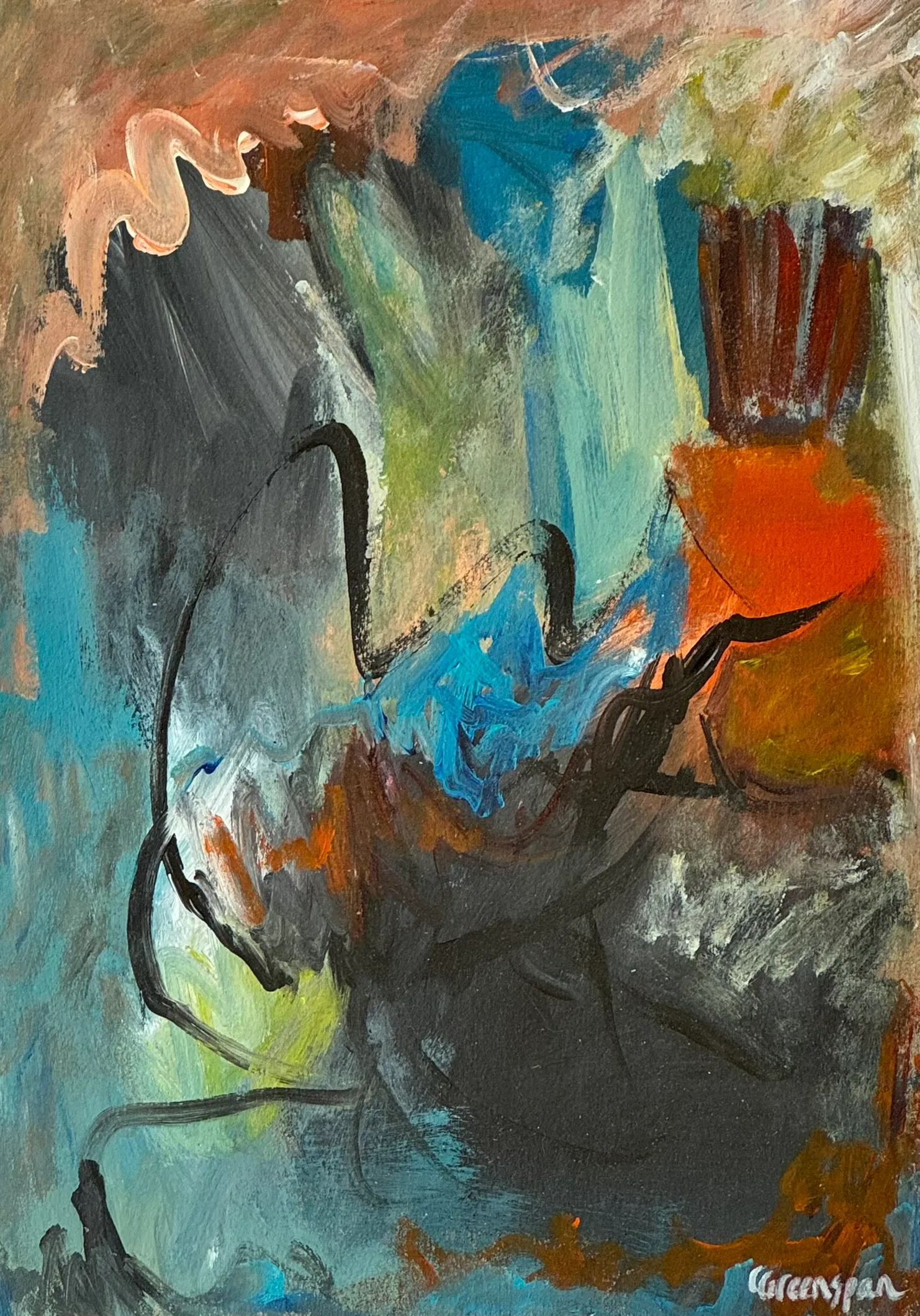 Grey and teal gesture grounded with ochre and a flash of orange.