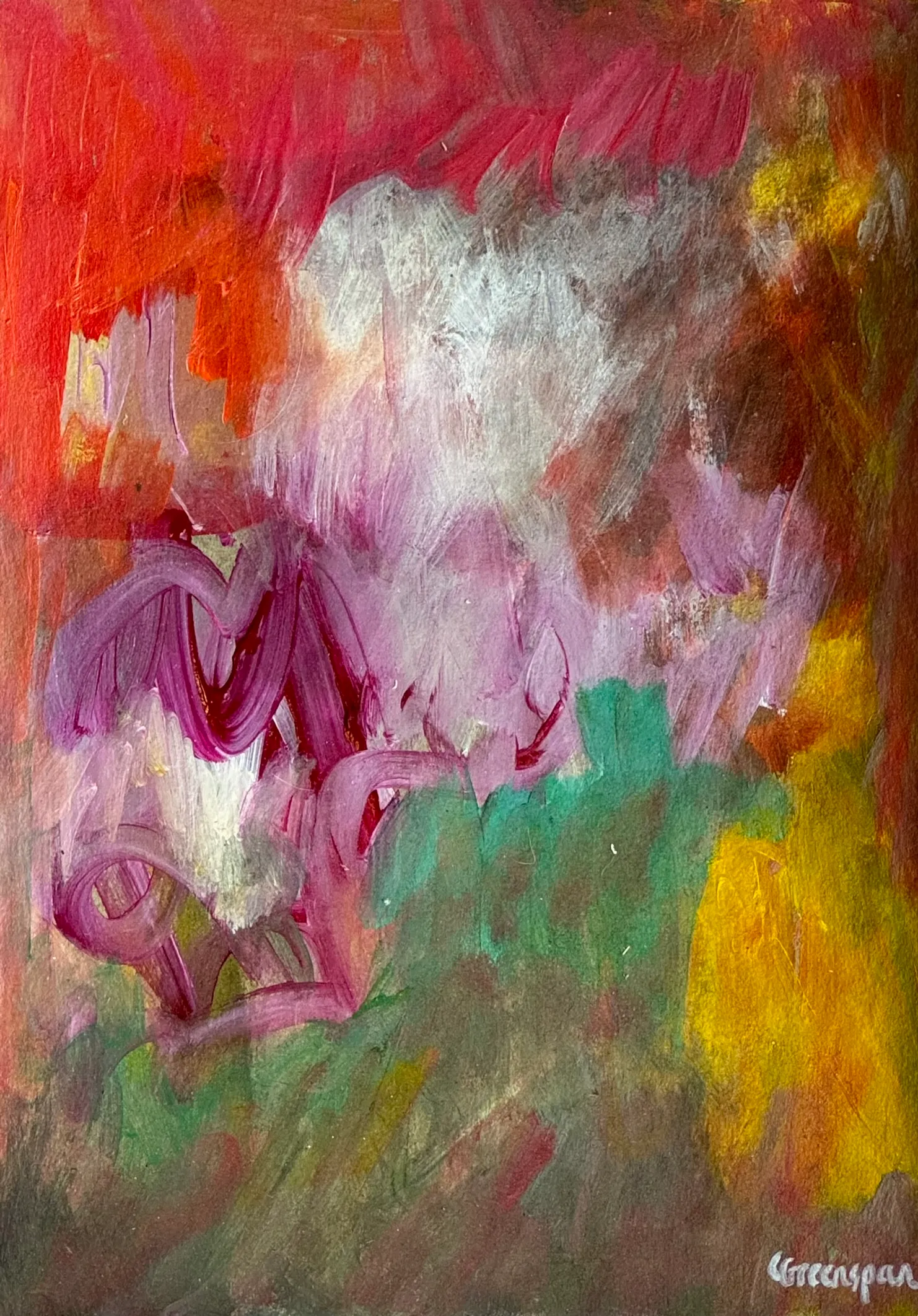A warm haze of pink, magenta and yellow, soft and glowing.