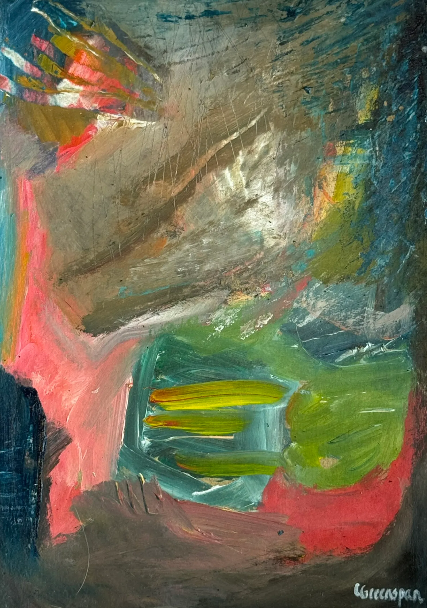 Layered blocks of green, coral and teal, worked and overlapping.
