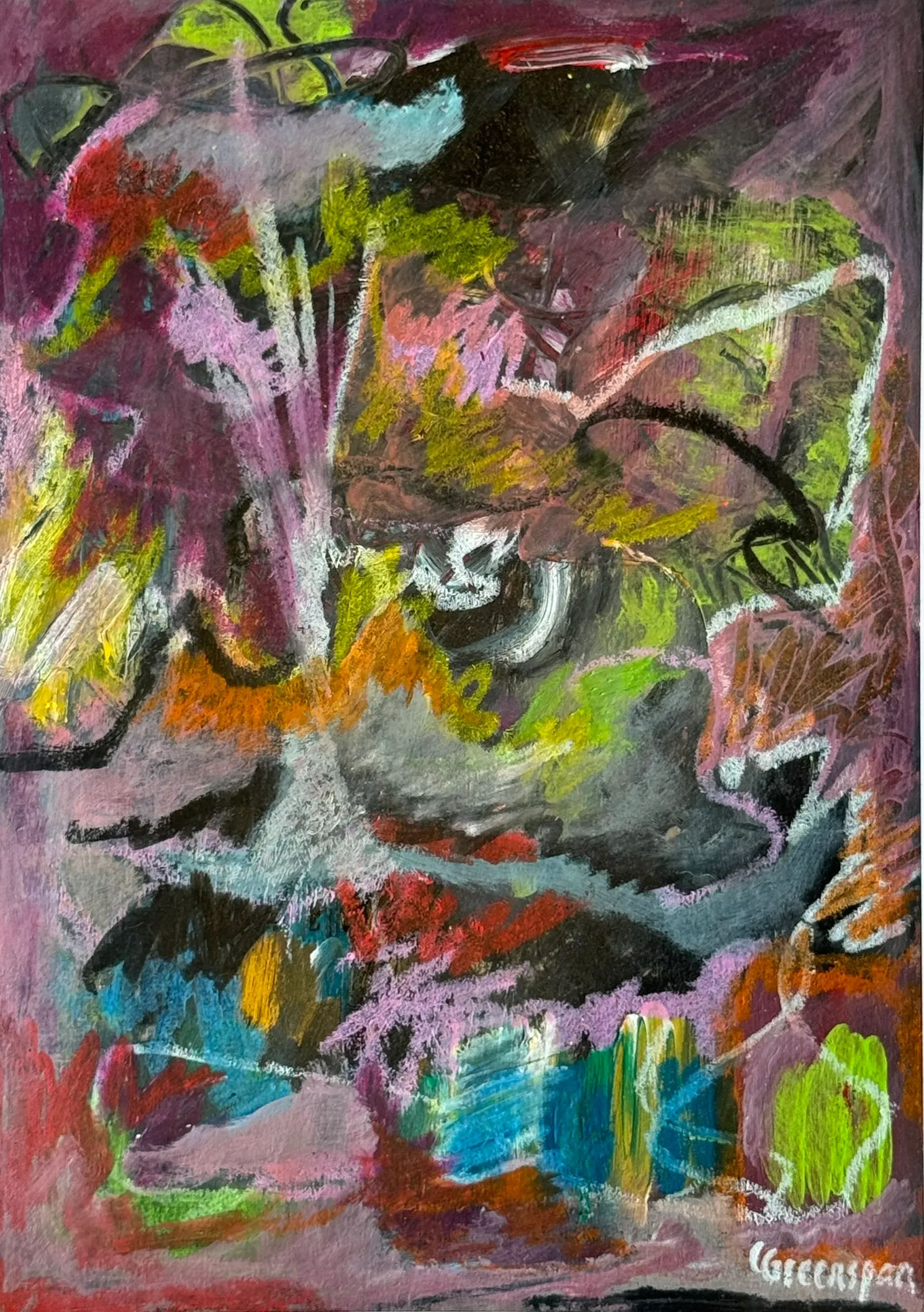 A busy tangle of pink, green, yellow and black gestural marks.