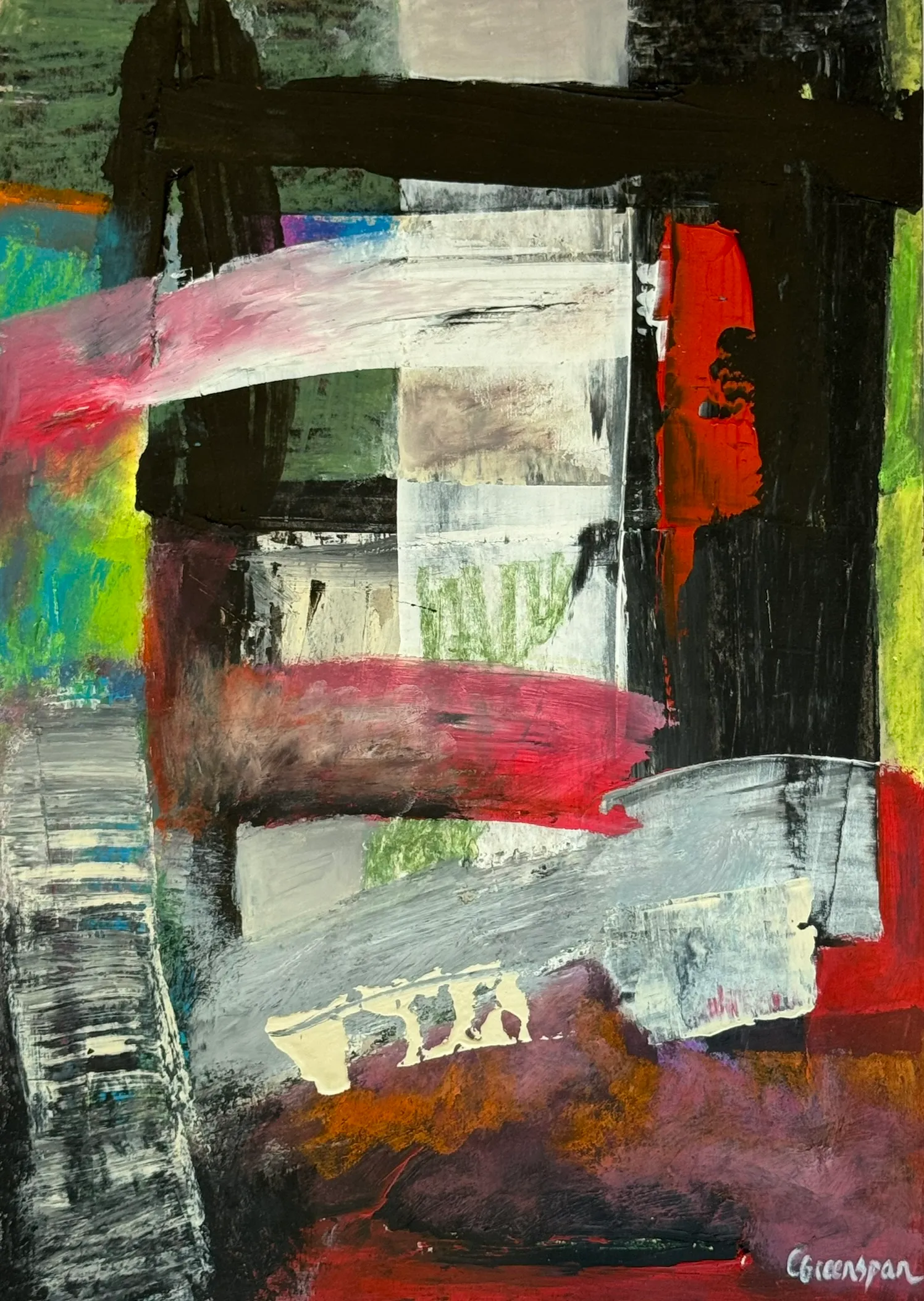 Bold blocks of teal, green and red layered with black over a worked ground.