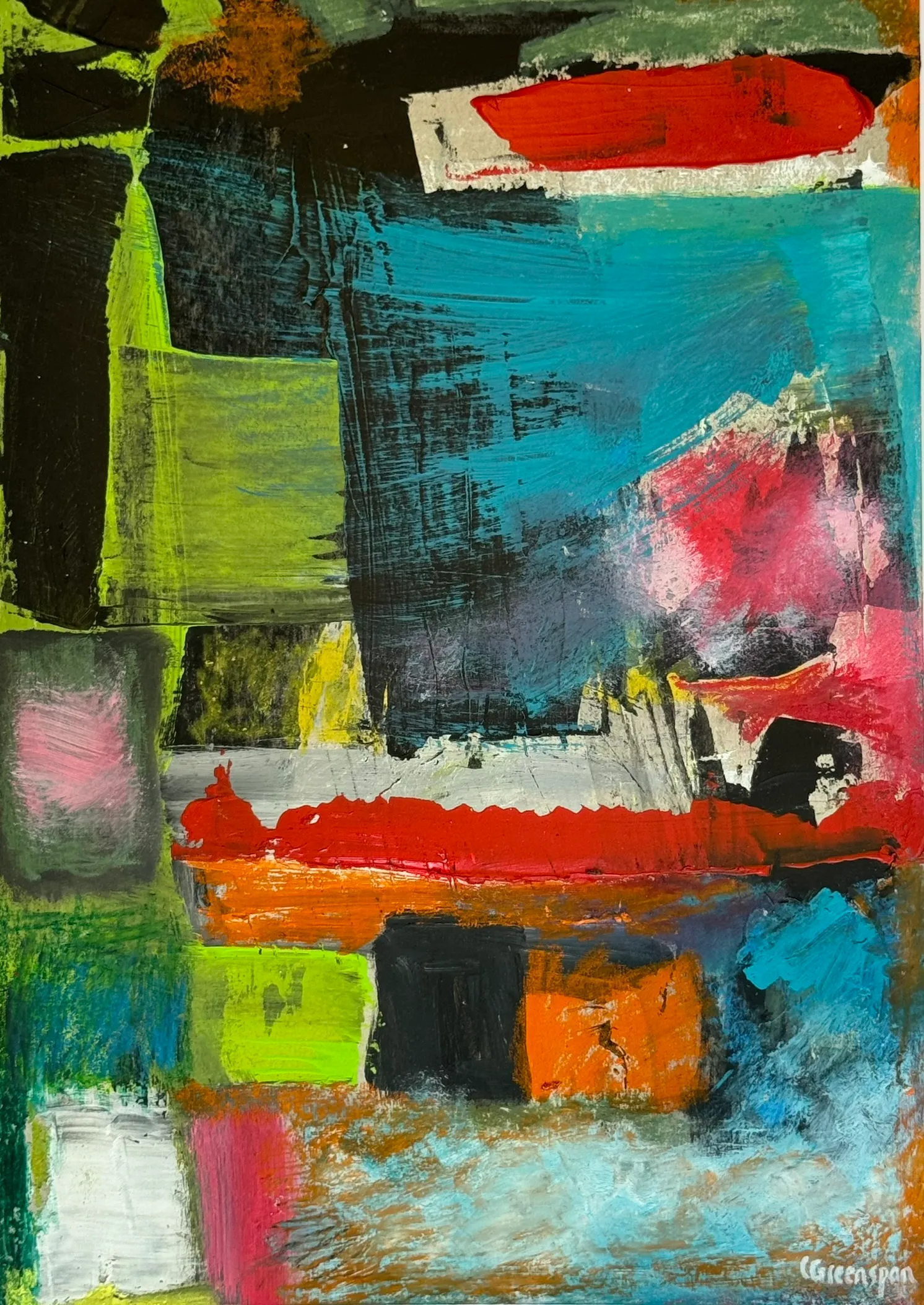 A loose grid of turquoise, lime, pink and red blocks.