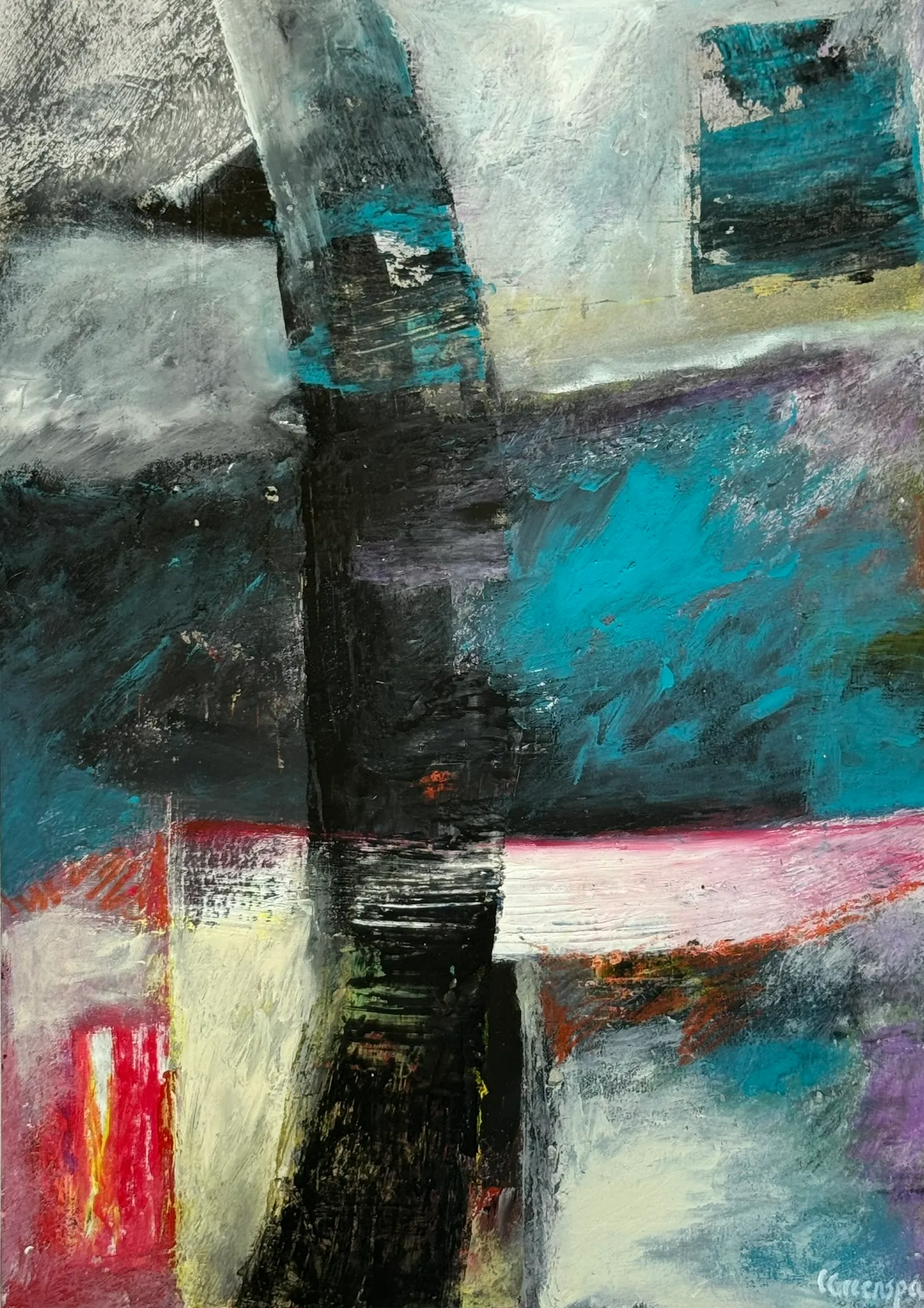 Muted vertical passages of grey and teal grounded with red.