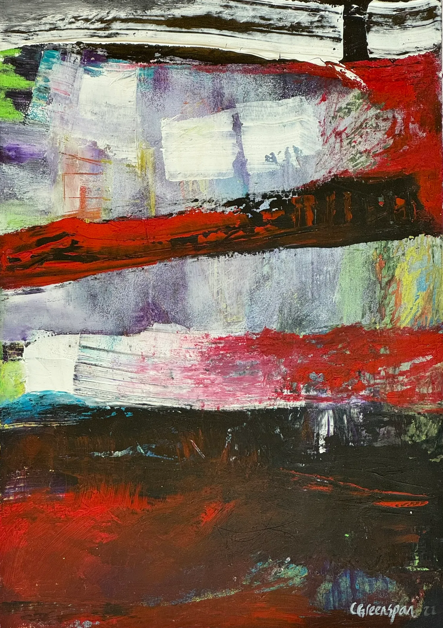 Horizontal bands of grey and white over a deep red base, scraped and layered.