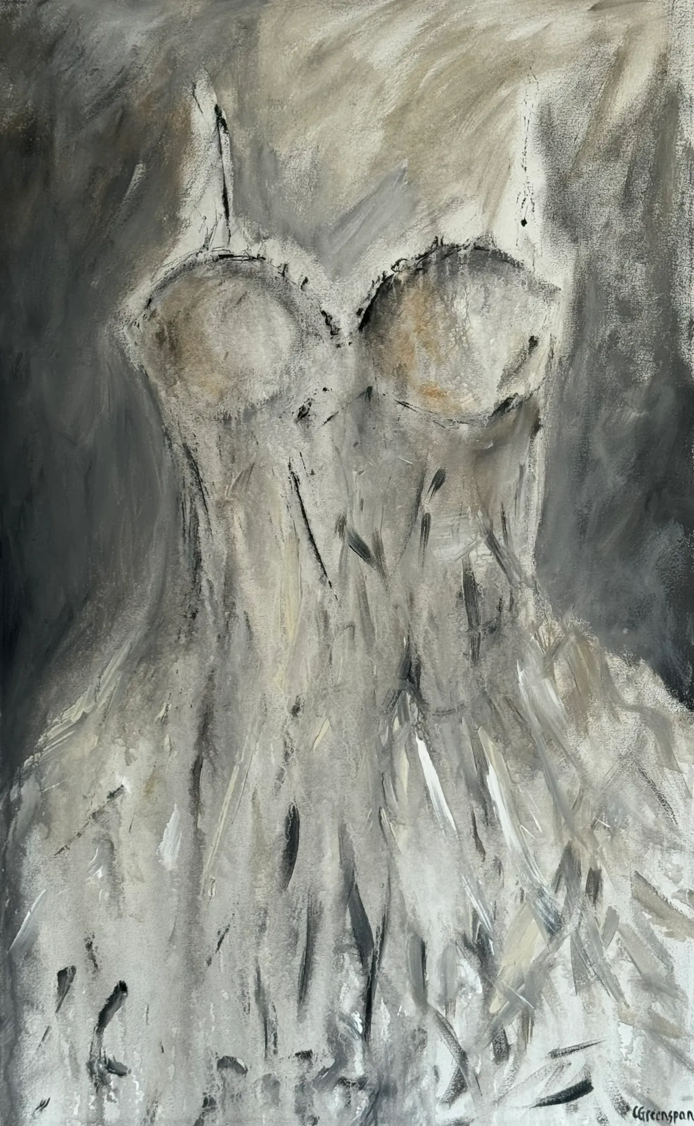 A pale dress emerging from a soft grey ground - quiet and tonal.