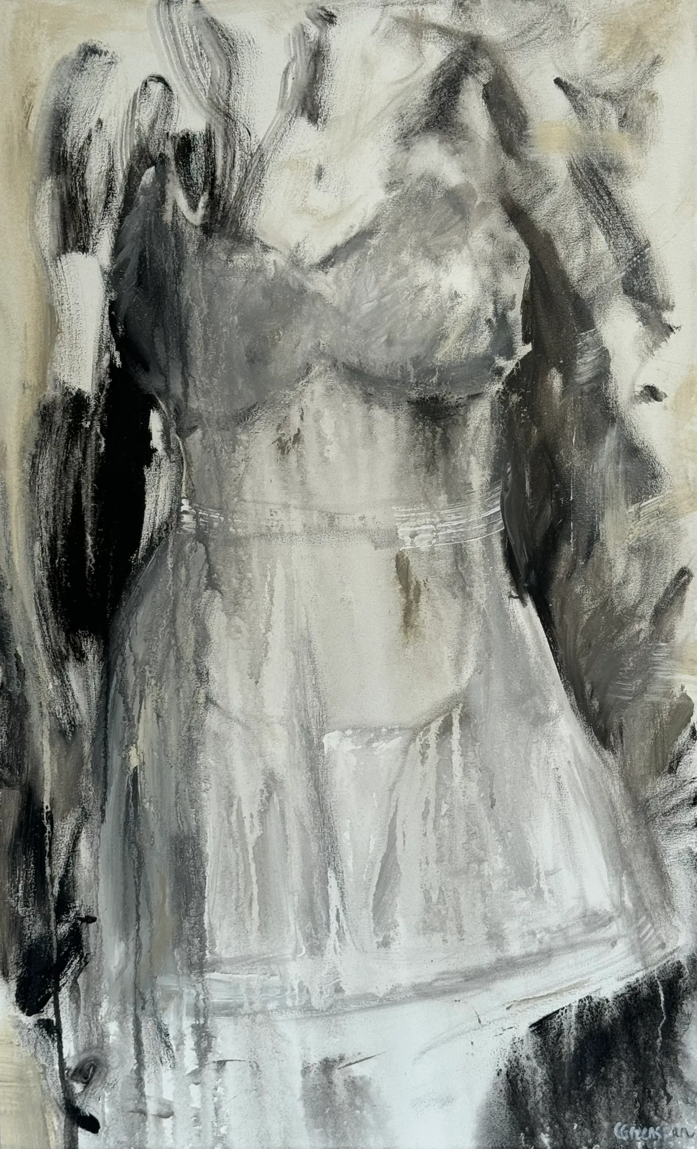 A figure softly rendered in greys and white, atmospheric and tender.