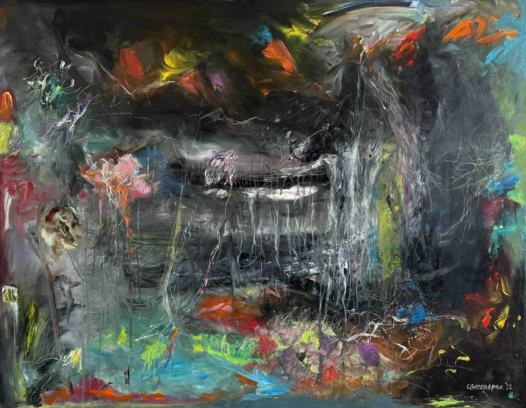 A dark ground scattered with confetti-bright flecks of colour.