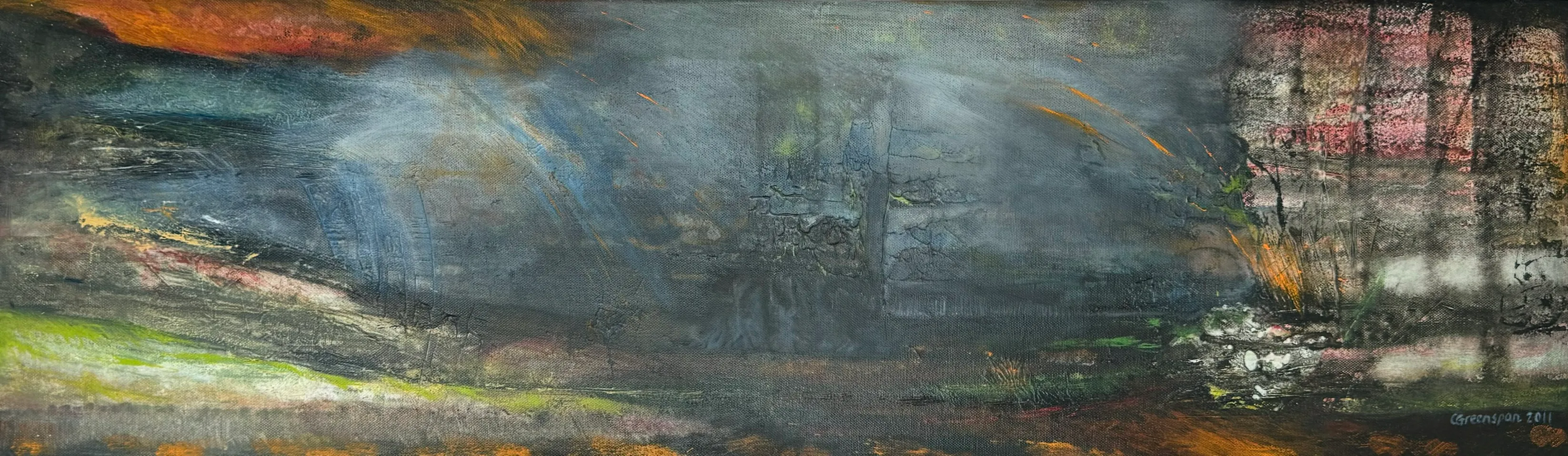A small landscape band of grey and orange, like a distant horizon.