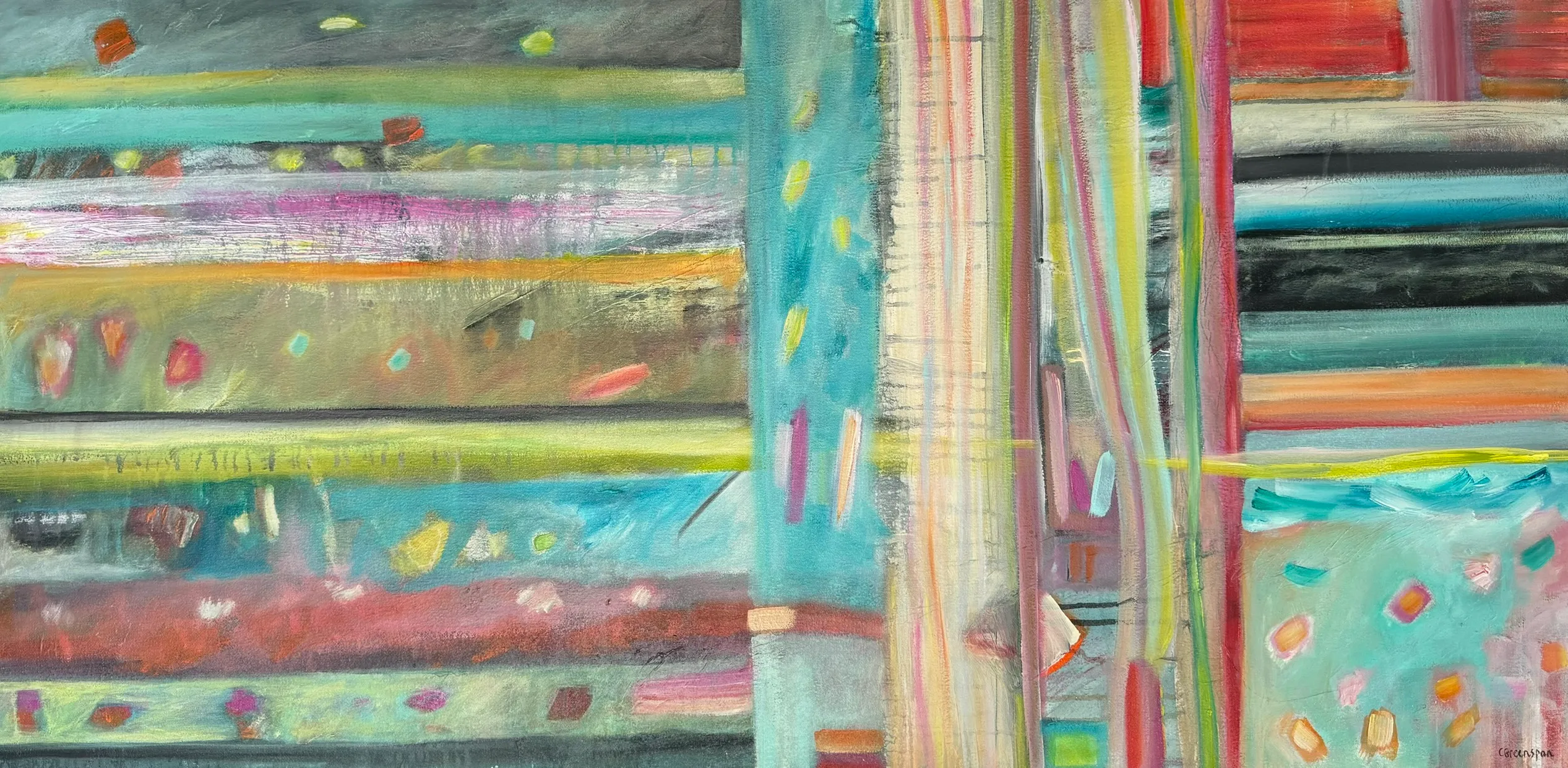 Pale woven stripes of green, pink and teal.