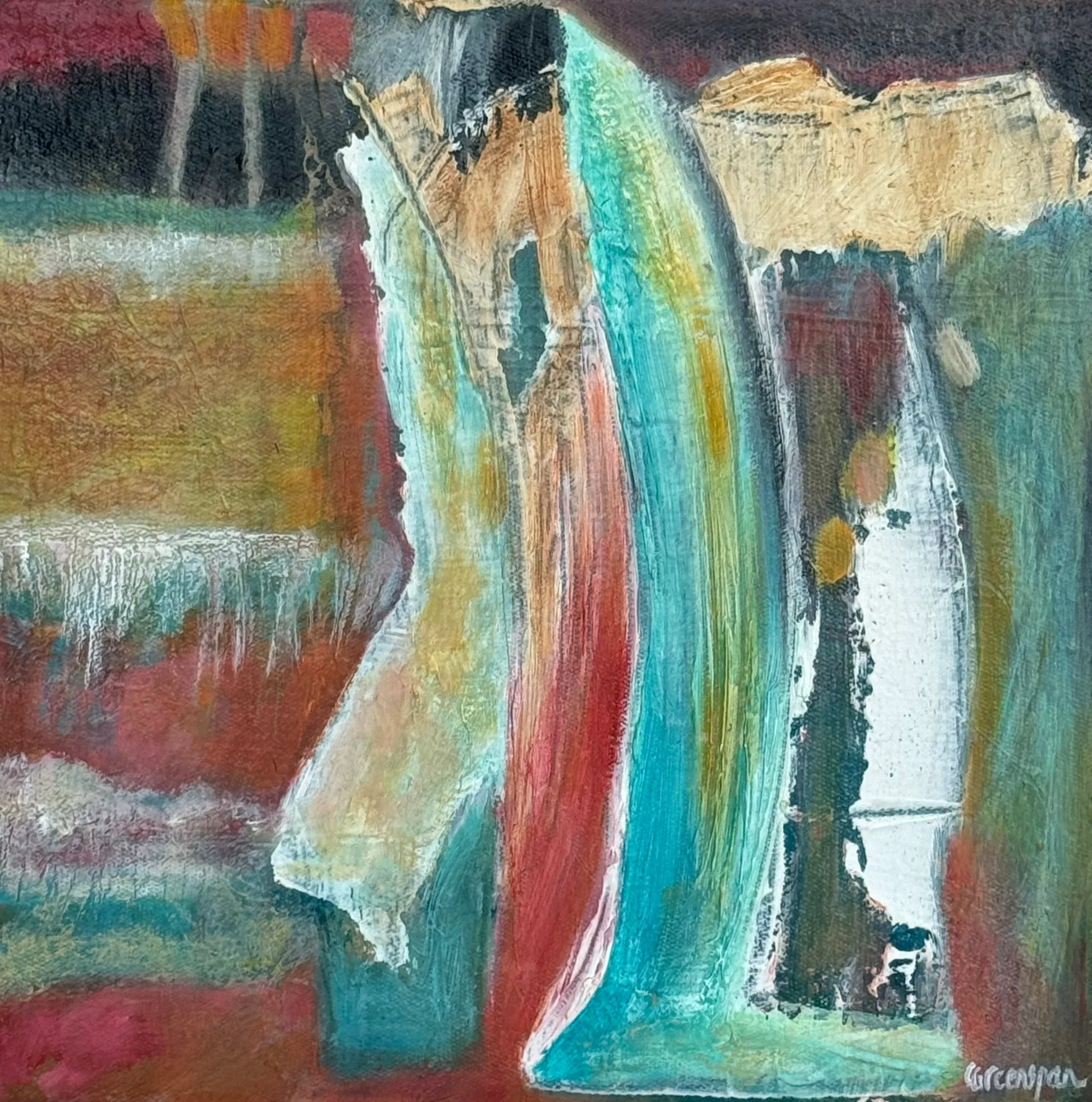 Vertical strokes of teal, coral and cream rising over a soft ground.