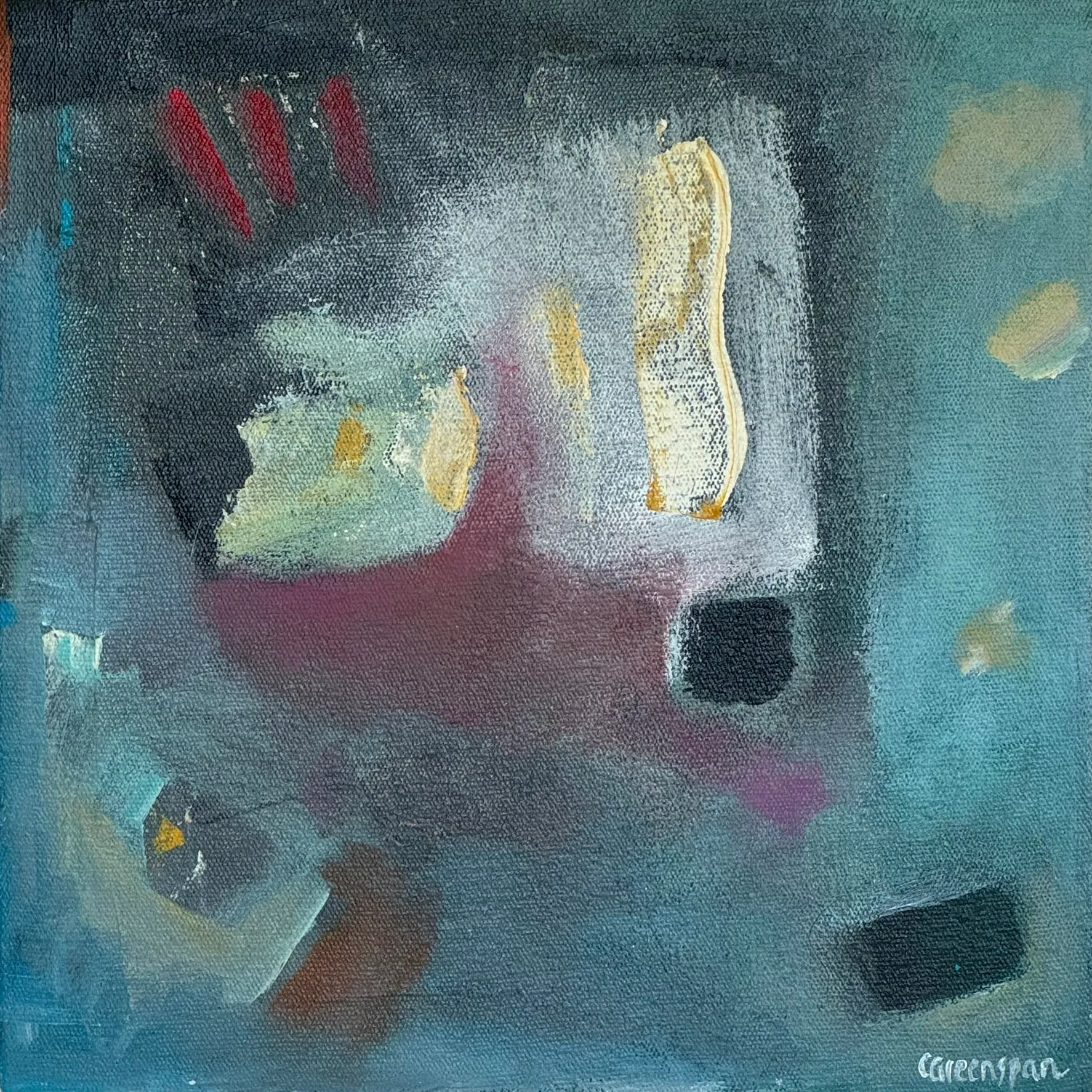 Muted grey and pink with small blocks of yellow and teal.