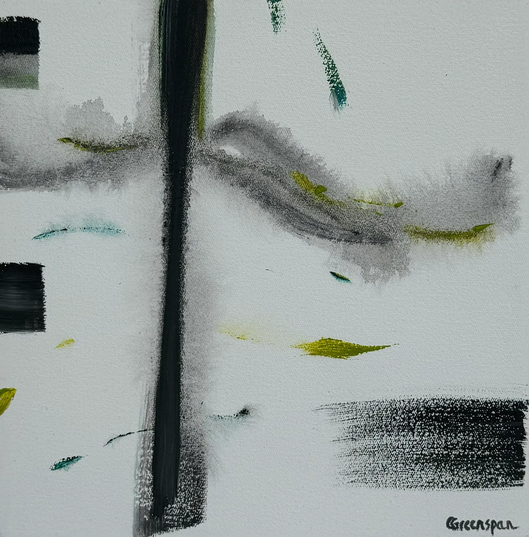 A single bold black vertical stroke on a white ground, flecked with lime green.