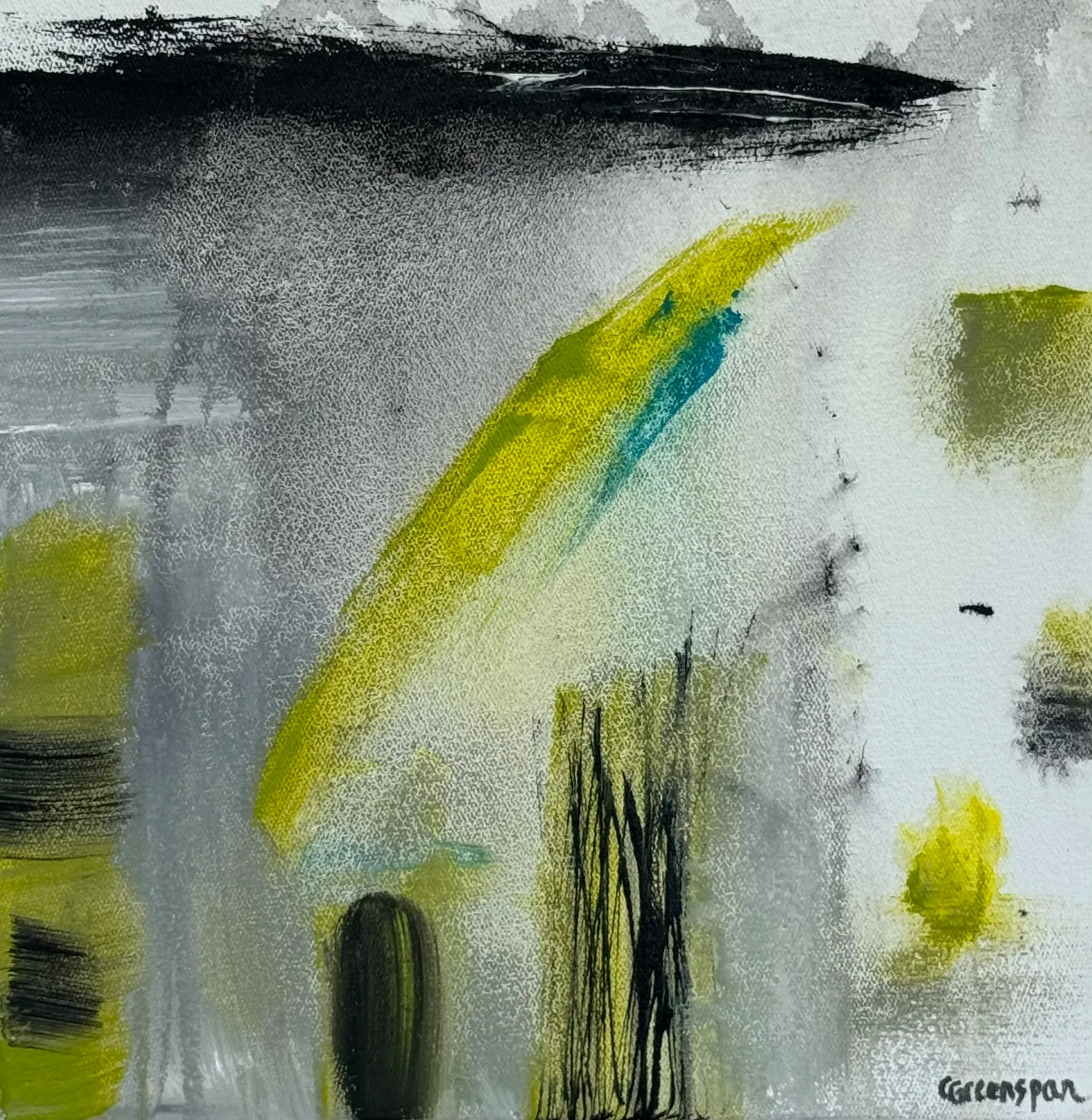 Gestural strokes of black, lime and teal scattered across a white ground.