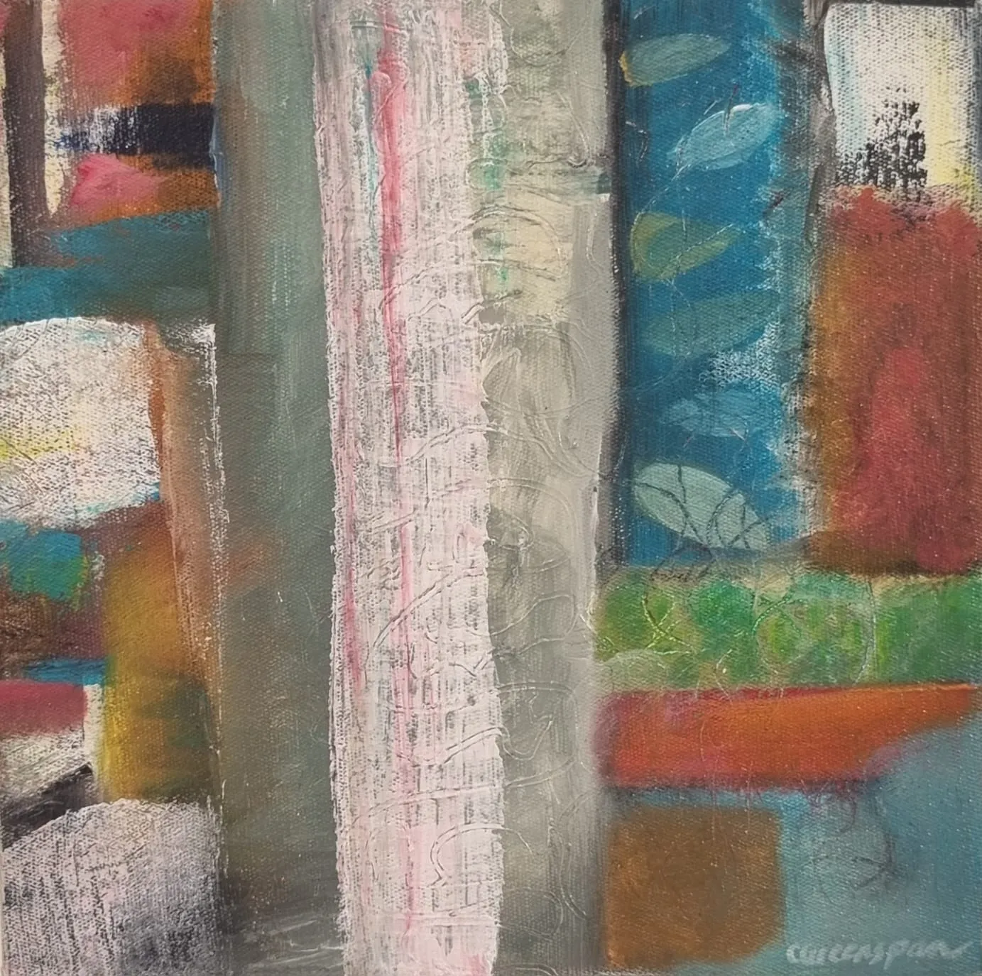 Vertical bands and blocks of teal, ochre and charcoal, layered and earthy.