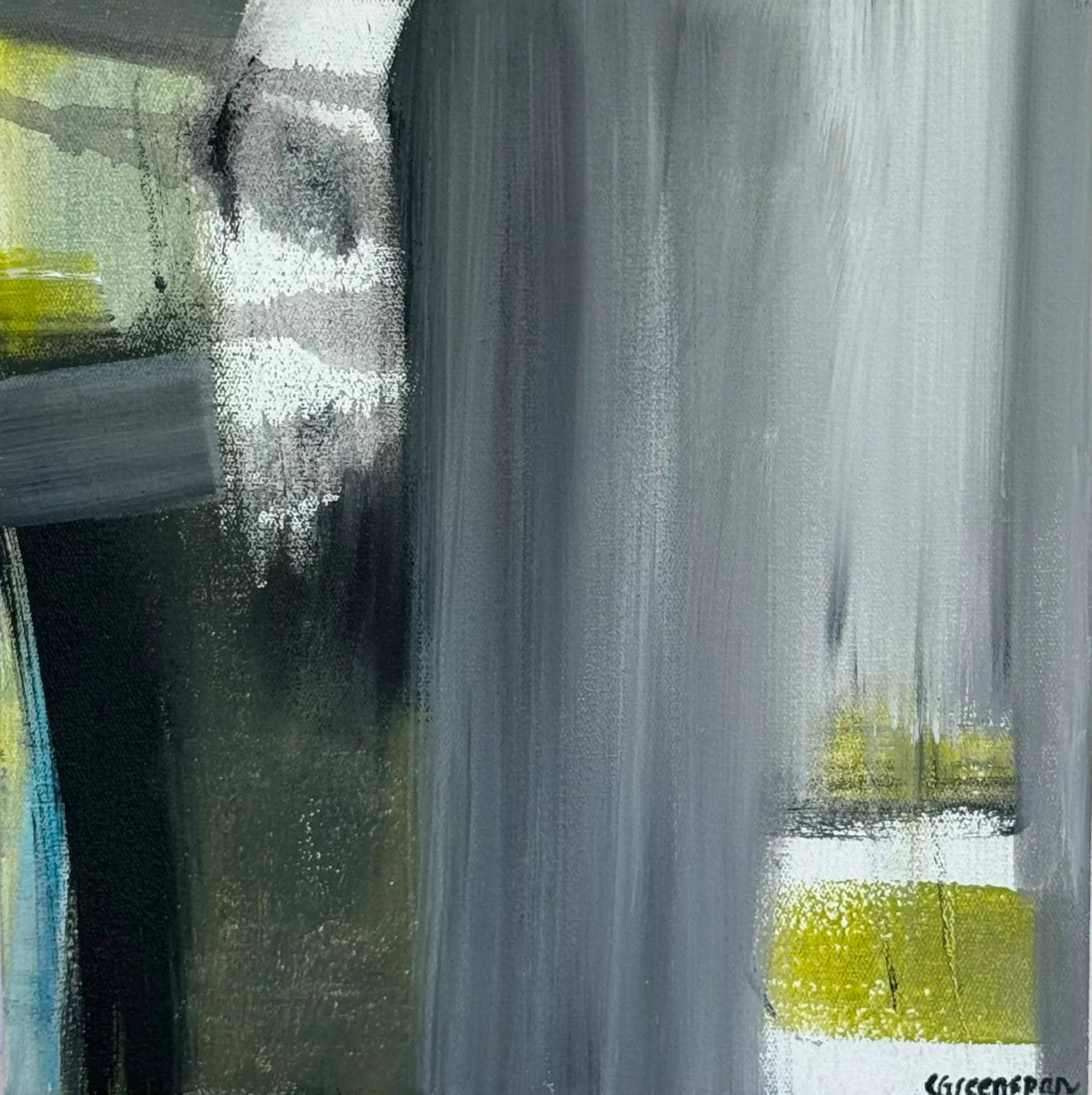 Grey and white washes dripping down, anchored by a block of lime.