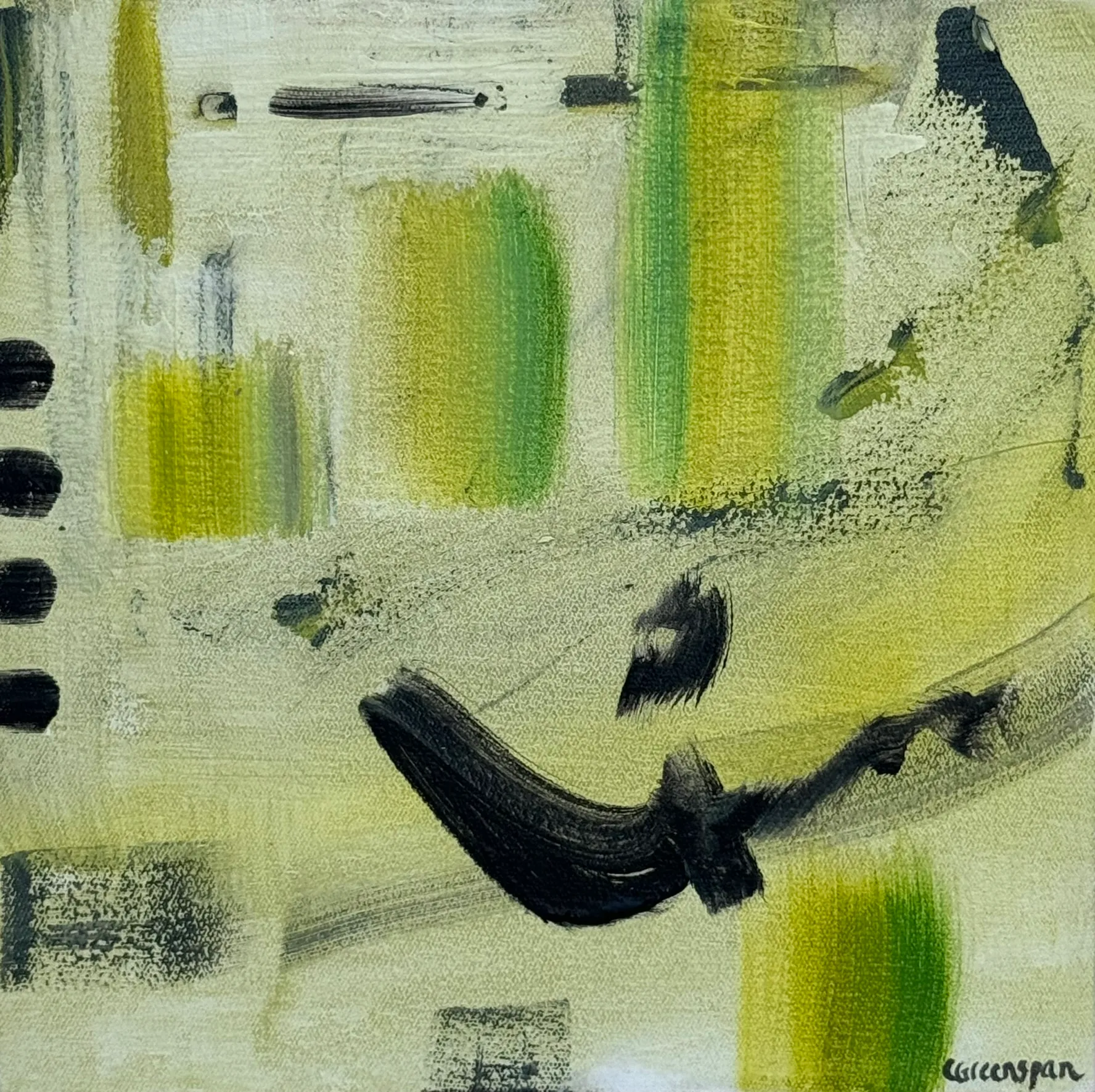 A cream and lime field marked with black calligraphic strokes.