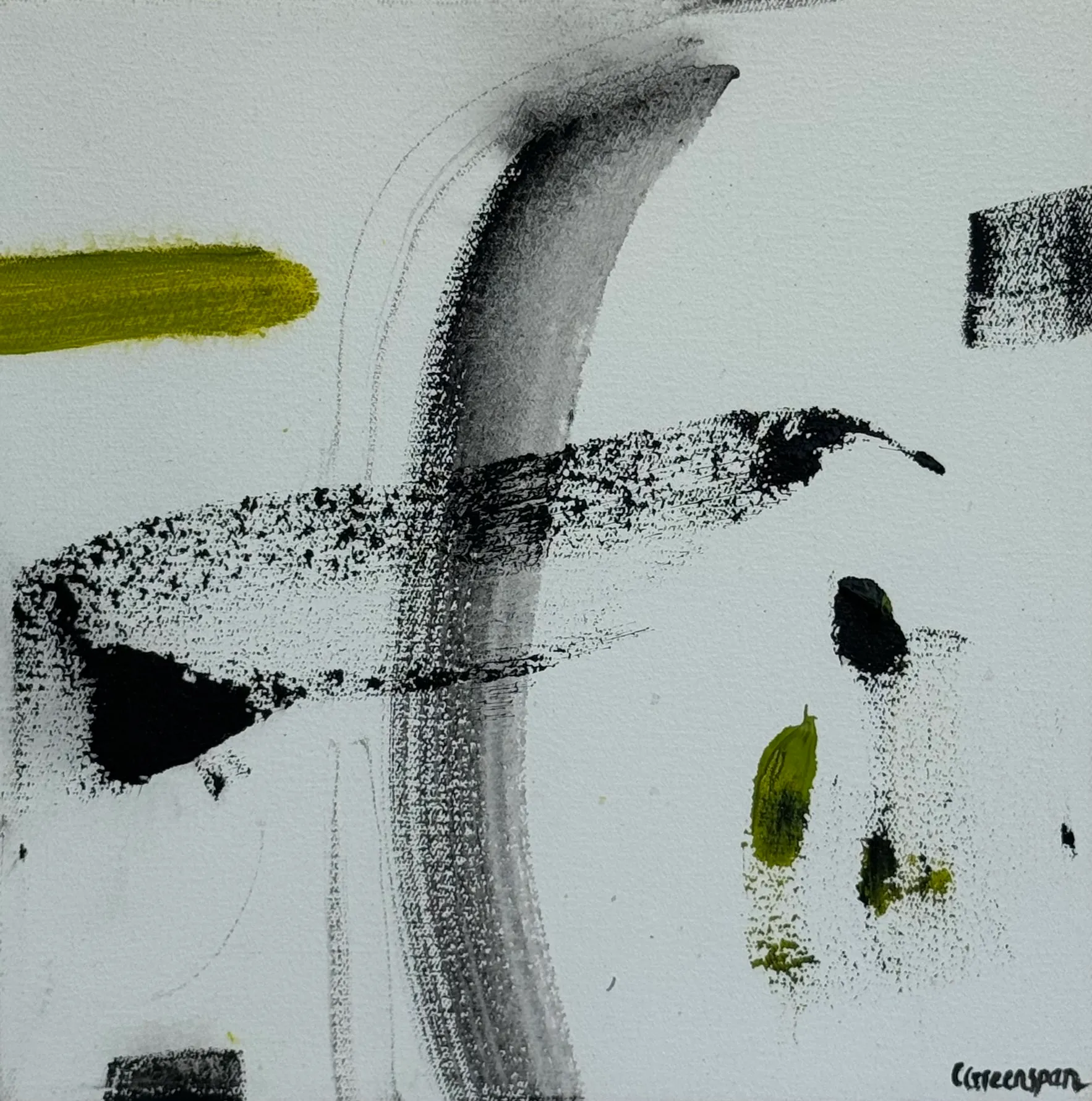 A black calligraphic sweep across a white ground with a touch of lime.