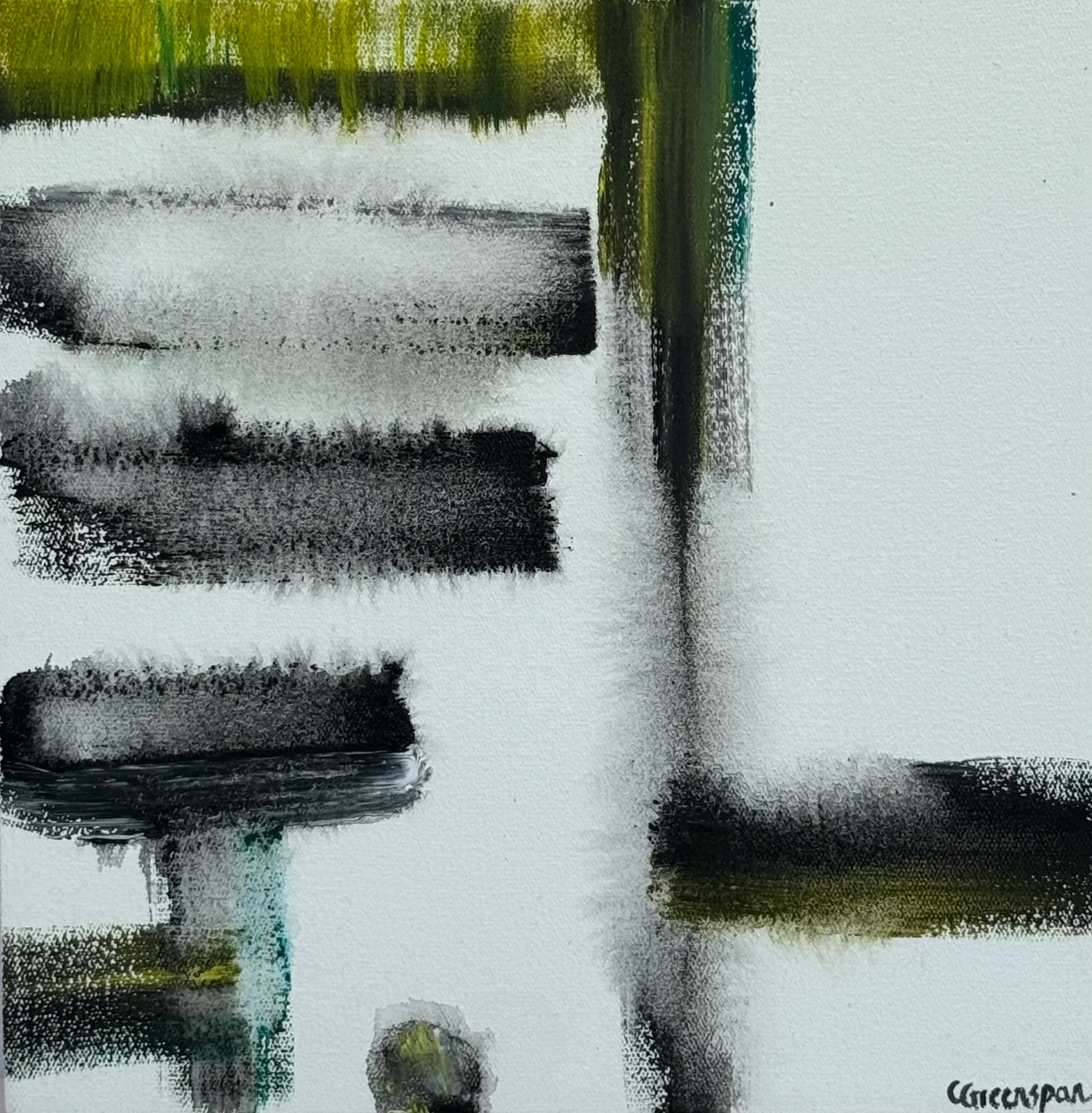 Black and teal vertical strokes on a white ground.