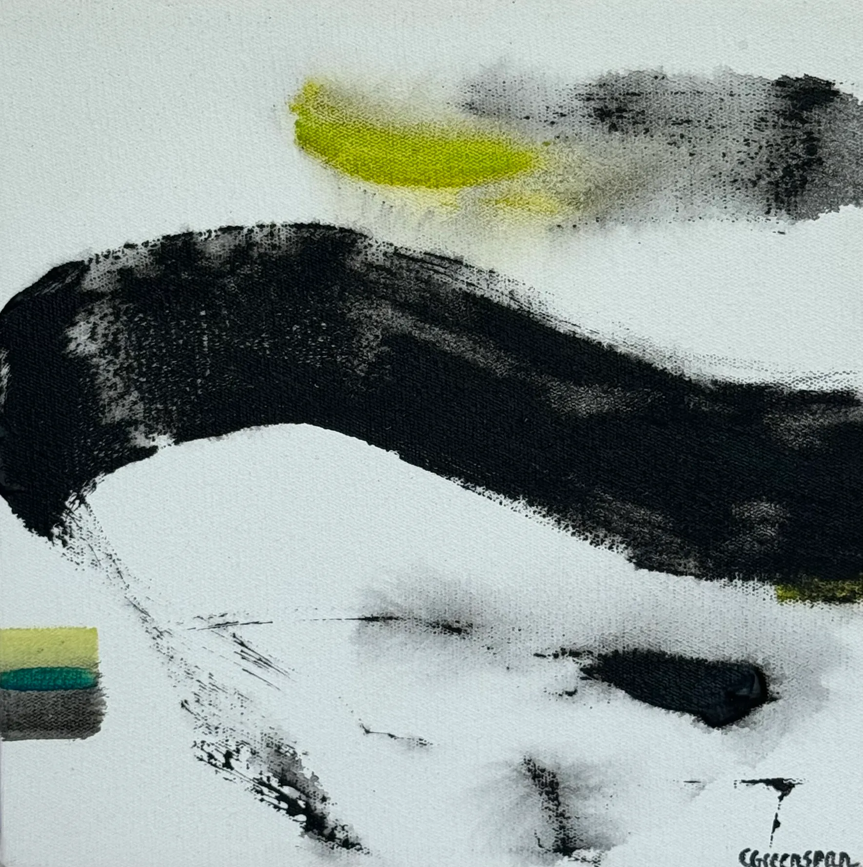 A black brushstroke arcing across white, accented with lime.