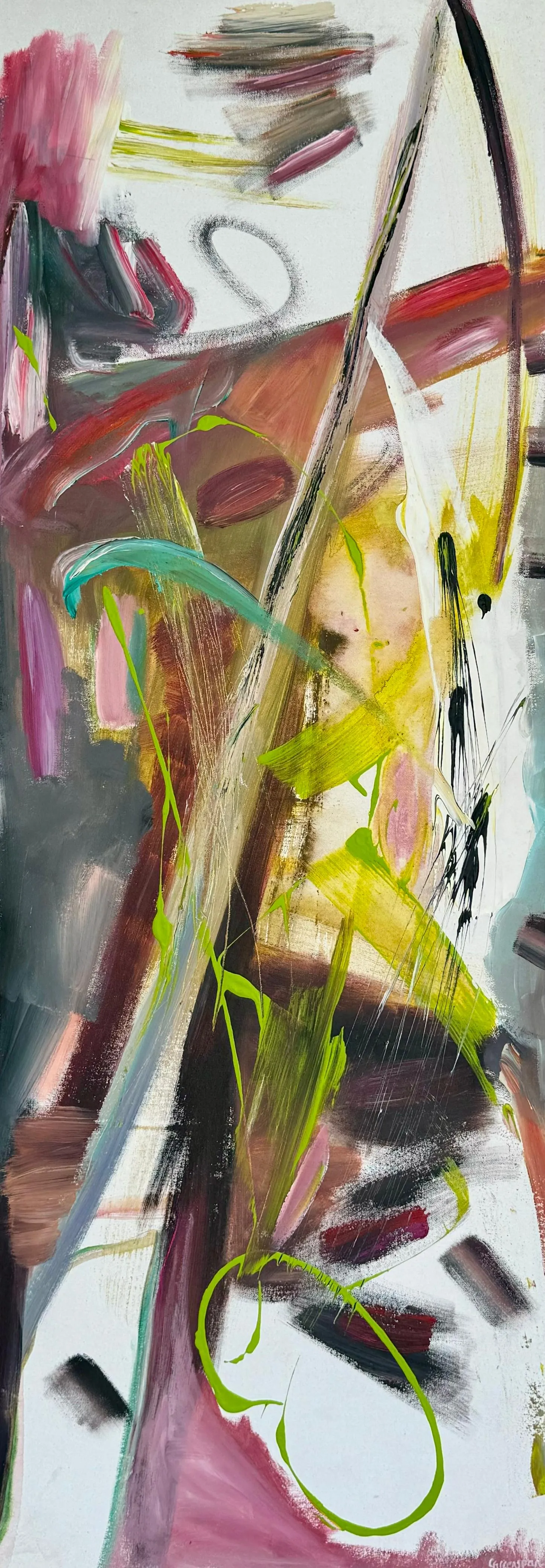 A tall narrow work on white with lively pink, green and yellow marks.