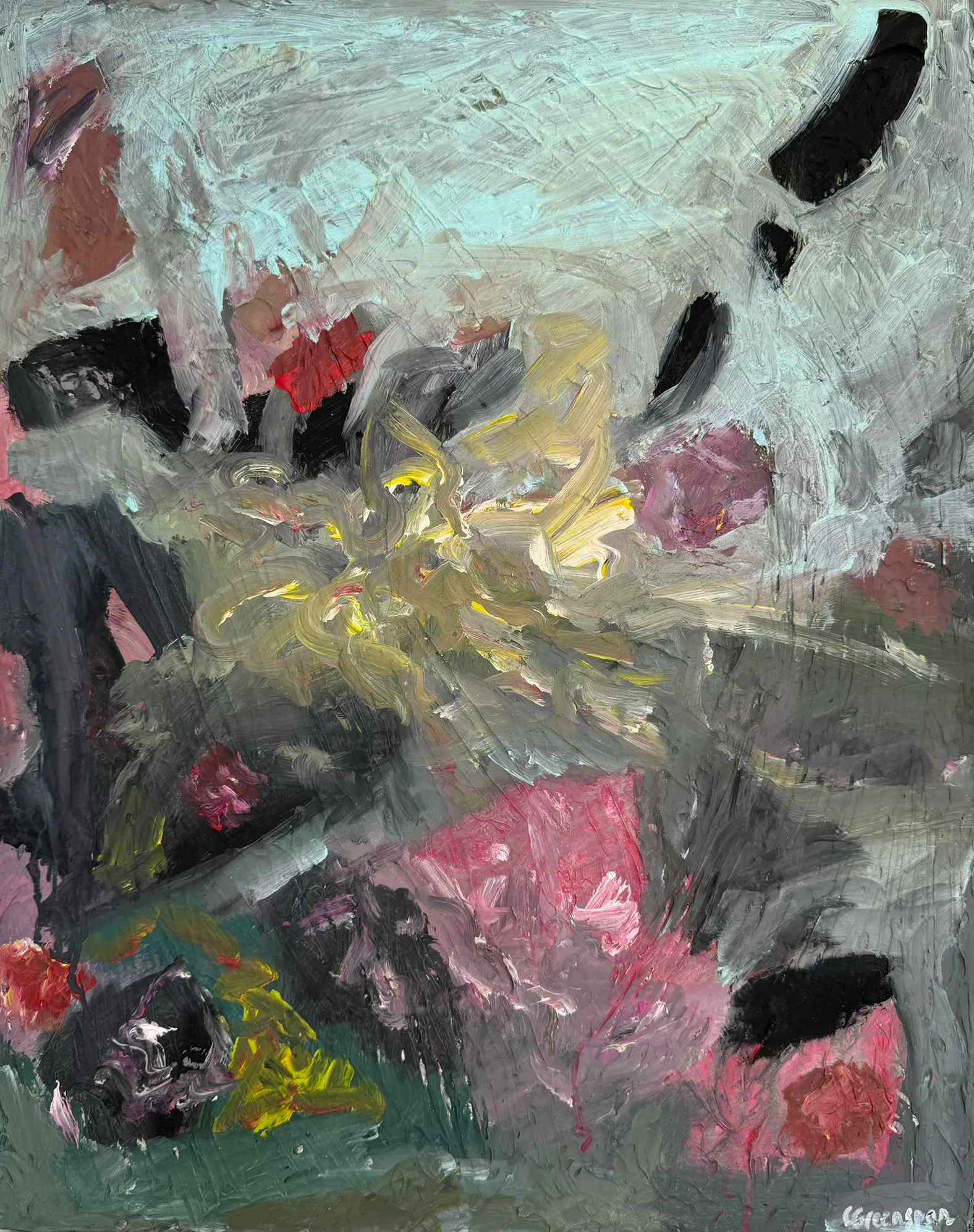 A dense, palette-knife tangle of red, yellow, teal and black.
