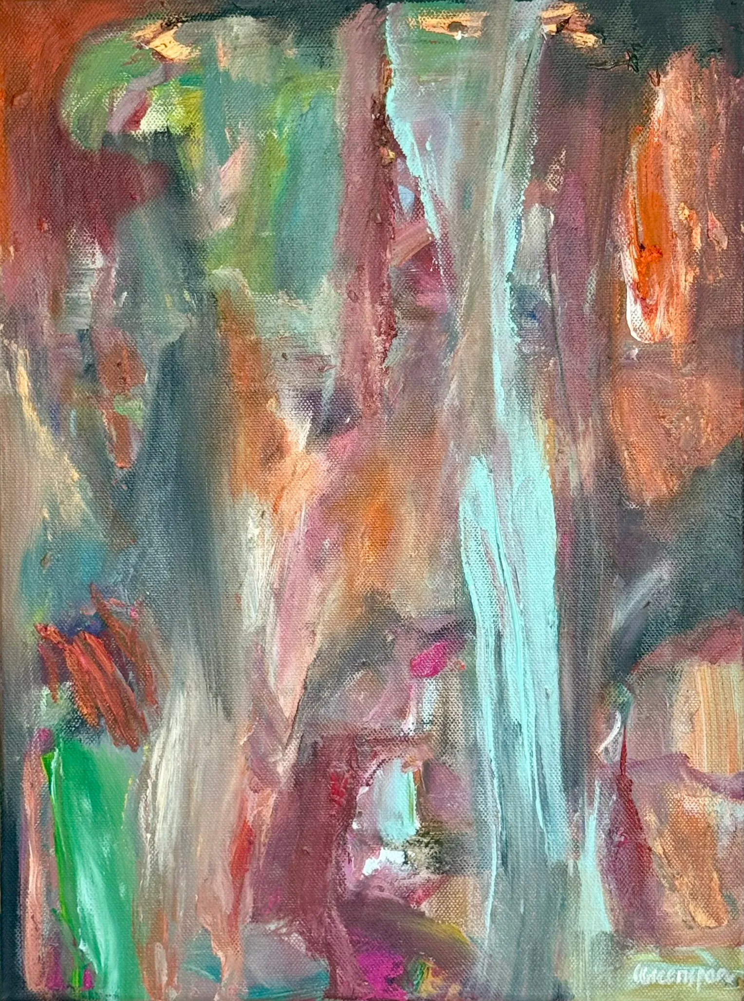 A soft curtain of vertical strokes in pink, teal and orange.