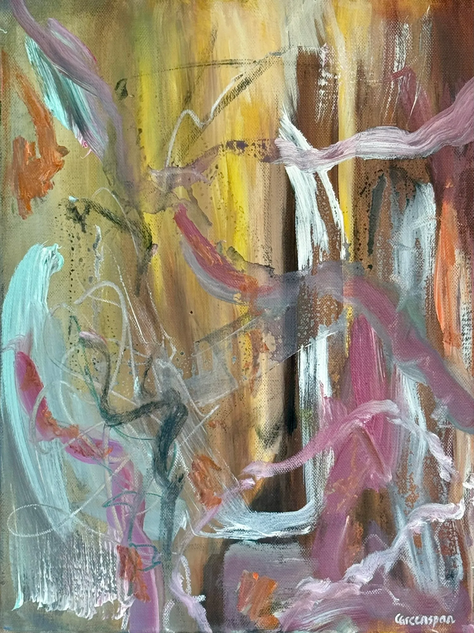 Warm ochre and pink with pale gestural figures lifting through it.