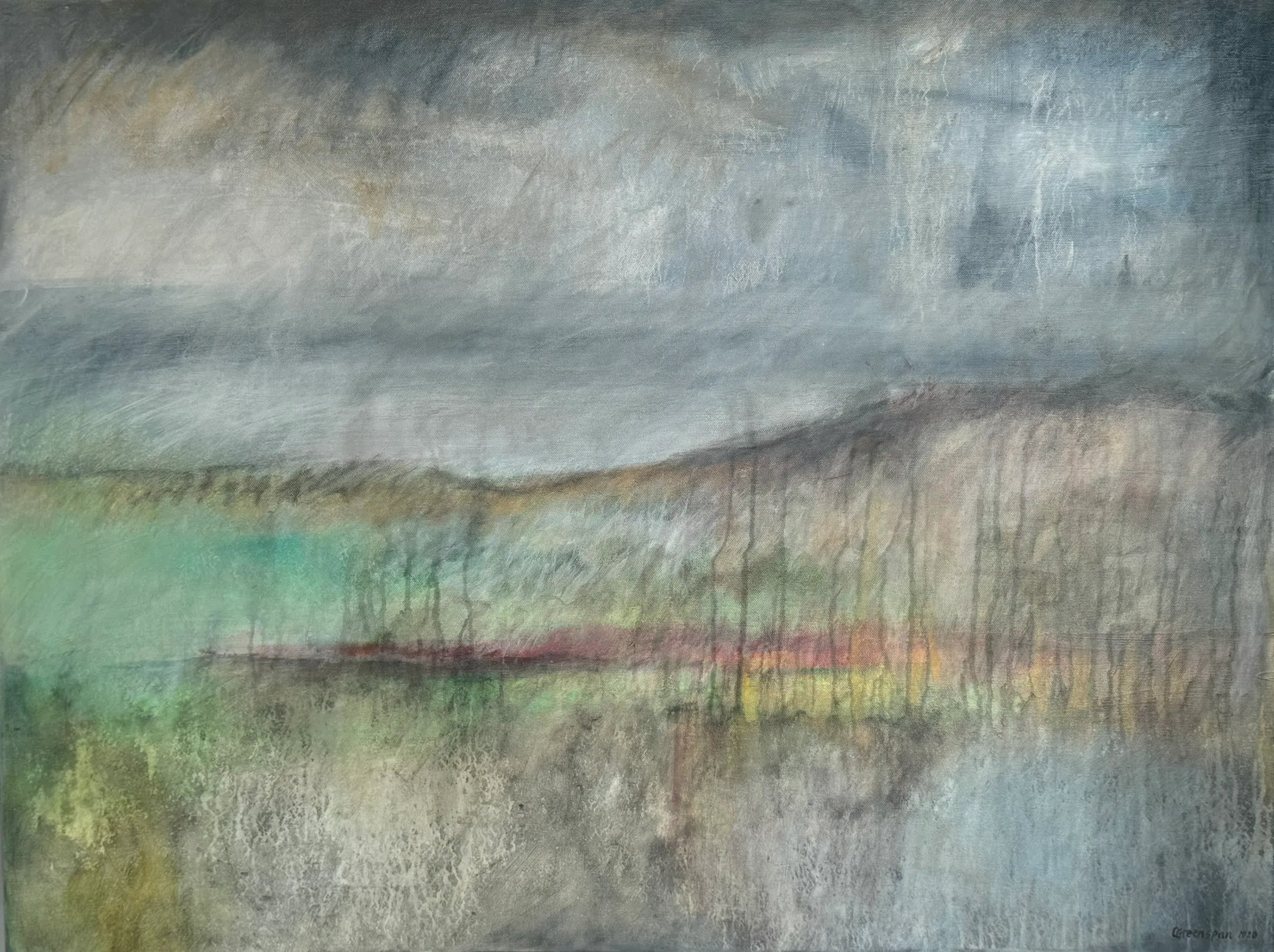 A pale, misty landscape of blue-grey and cream, soft and quiet.