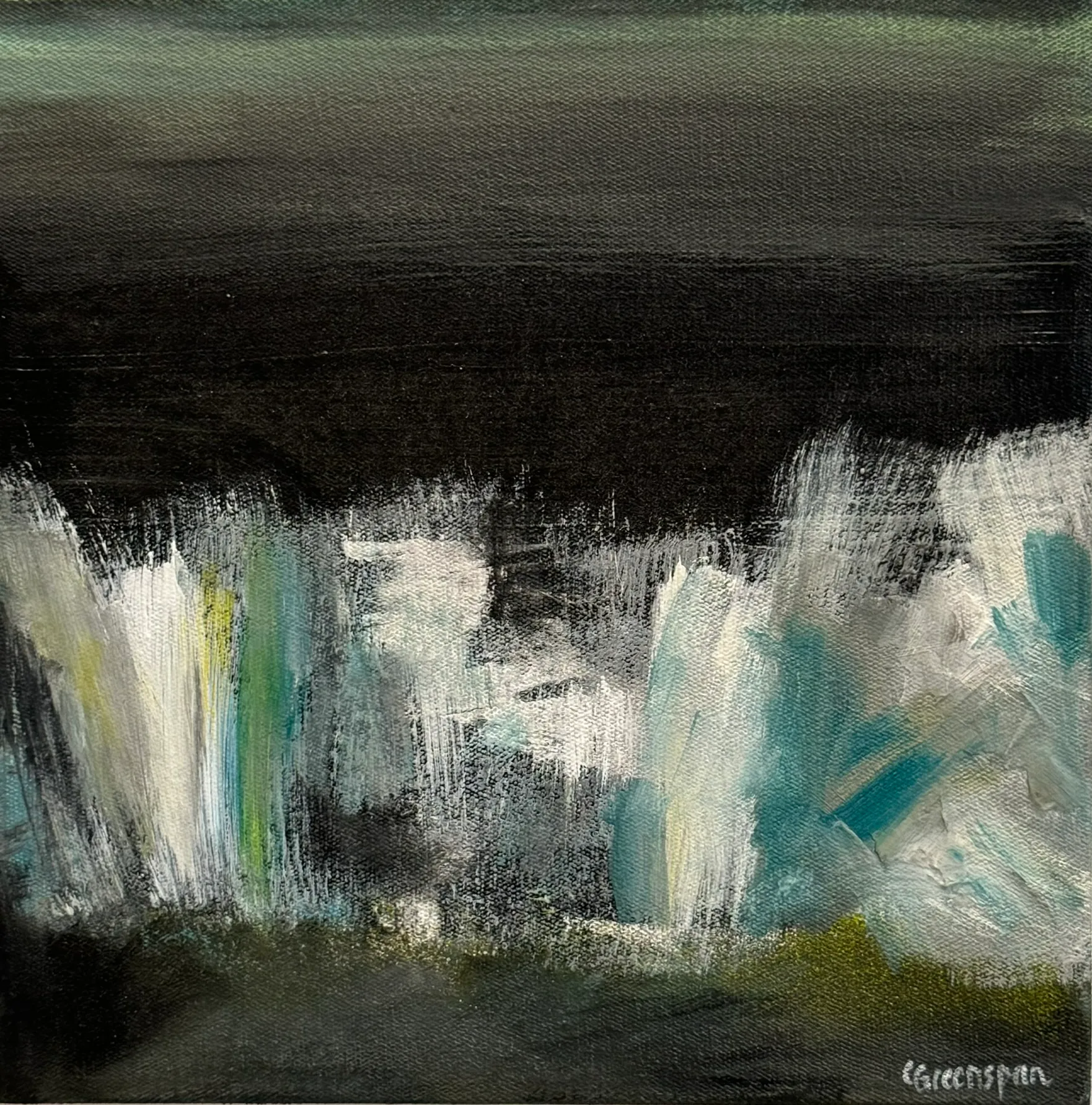 A brooding landscape, dark above a band of white and teal marks below.