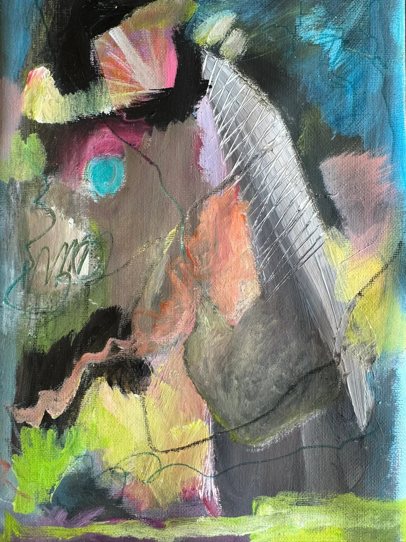 A dark ground alive with ochre, pink, lime and teal gestural marks.
