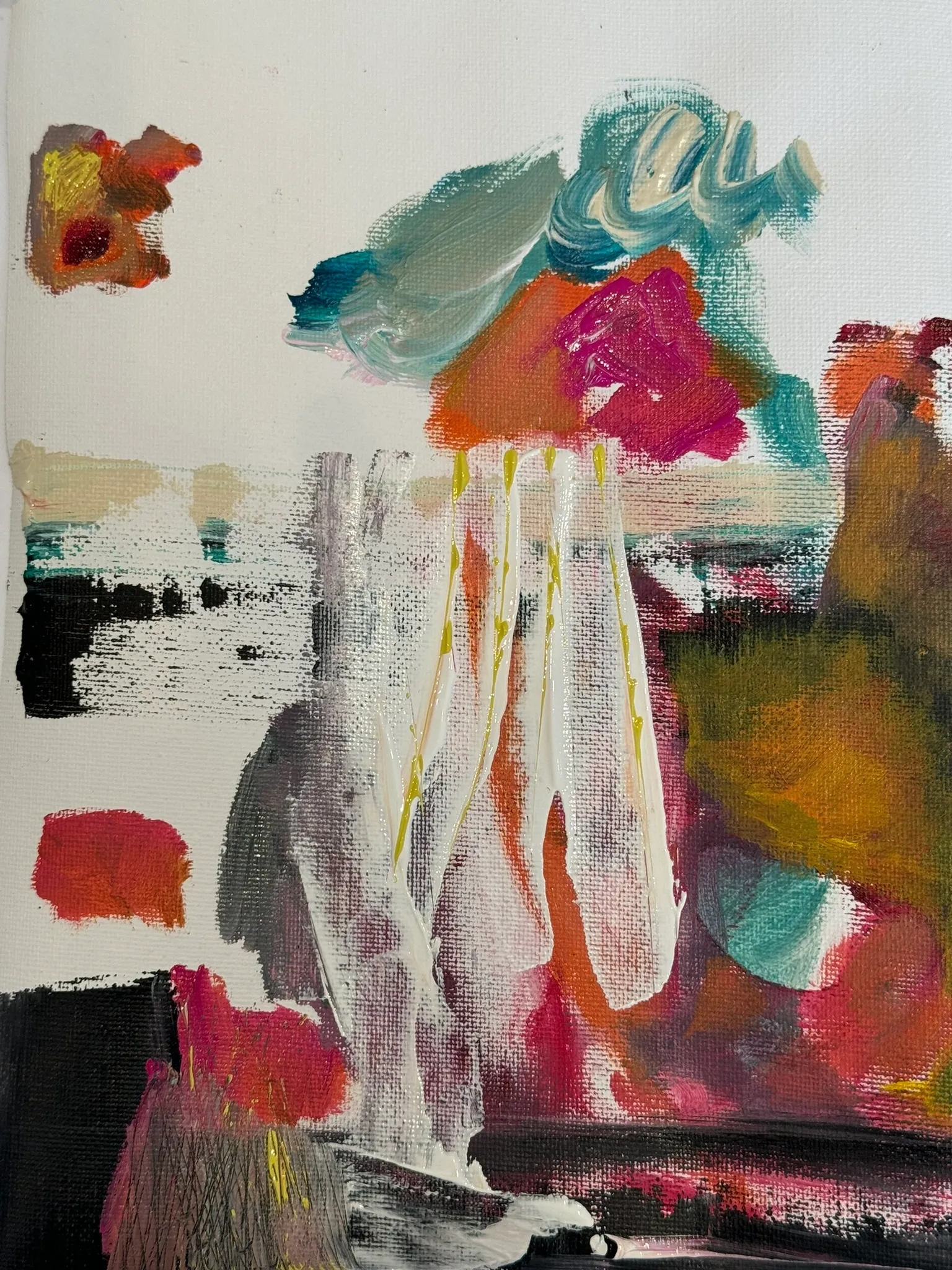 Loose blocks of red, teal and ochre over a white ground.