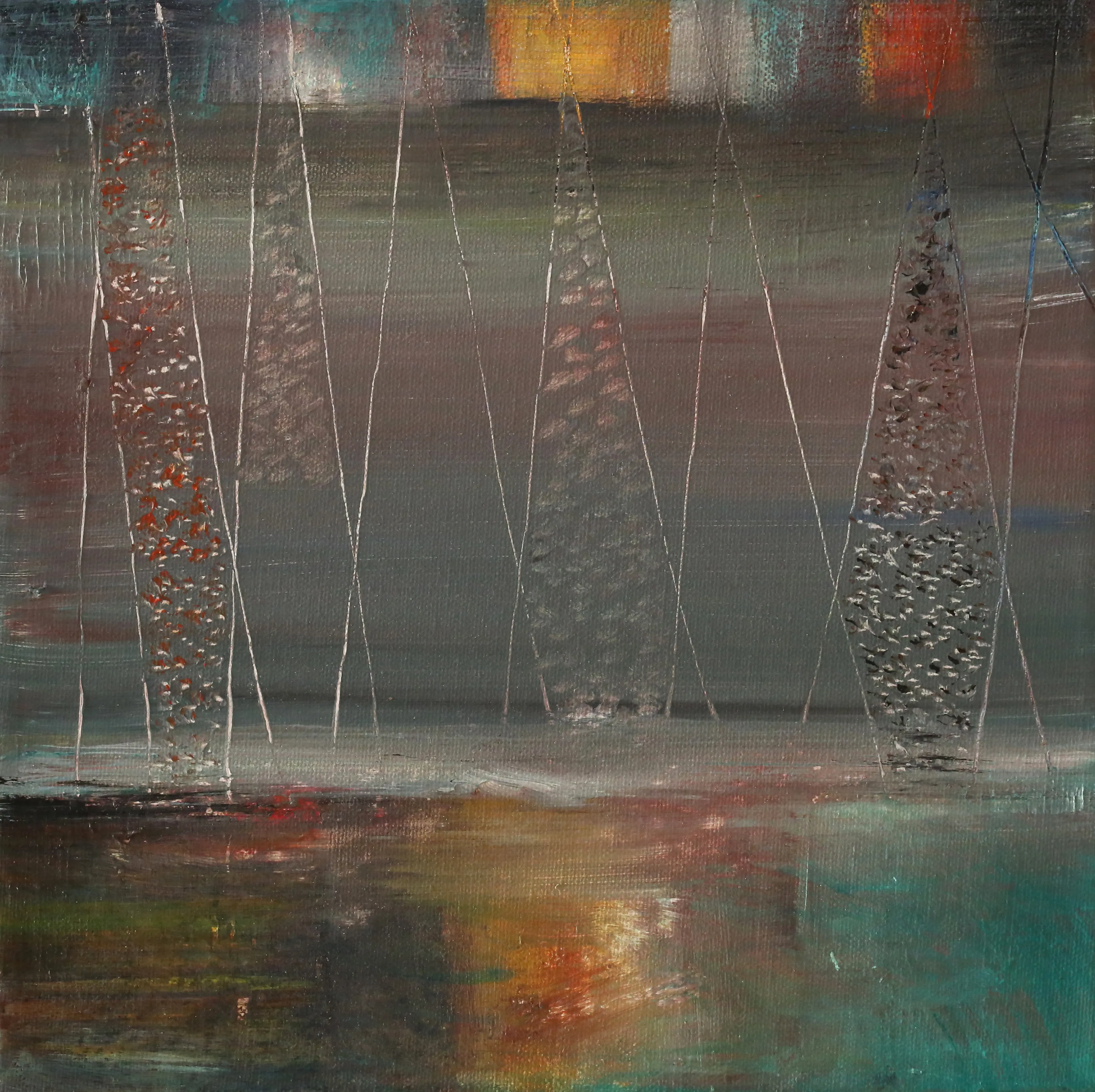 A misty grey-teal landscape with pale grasses.