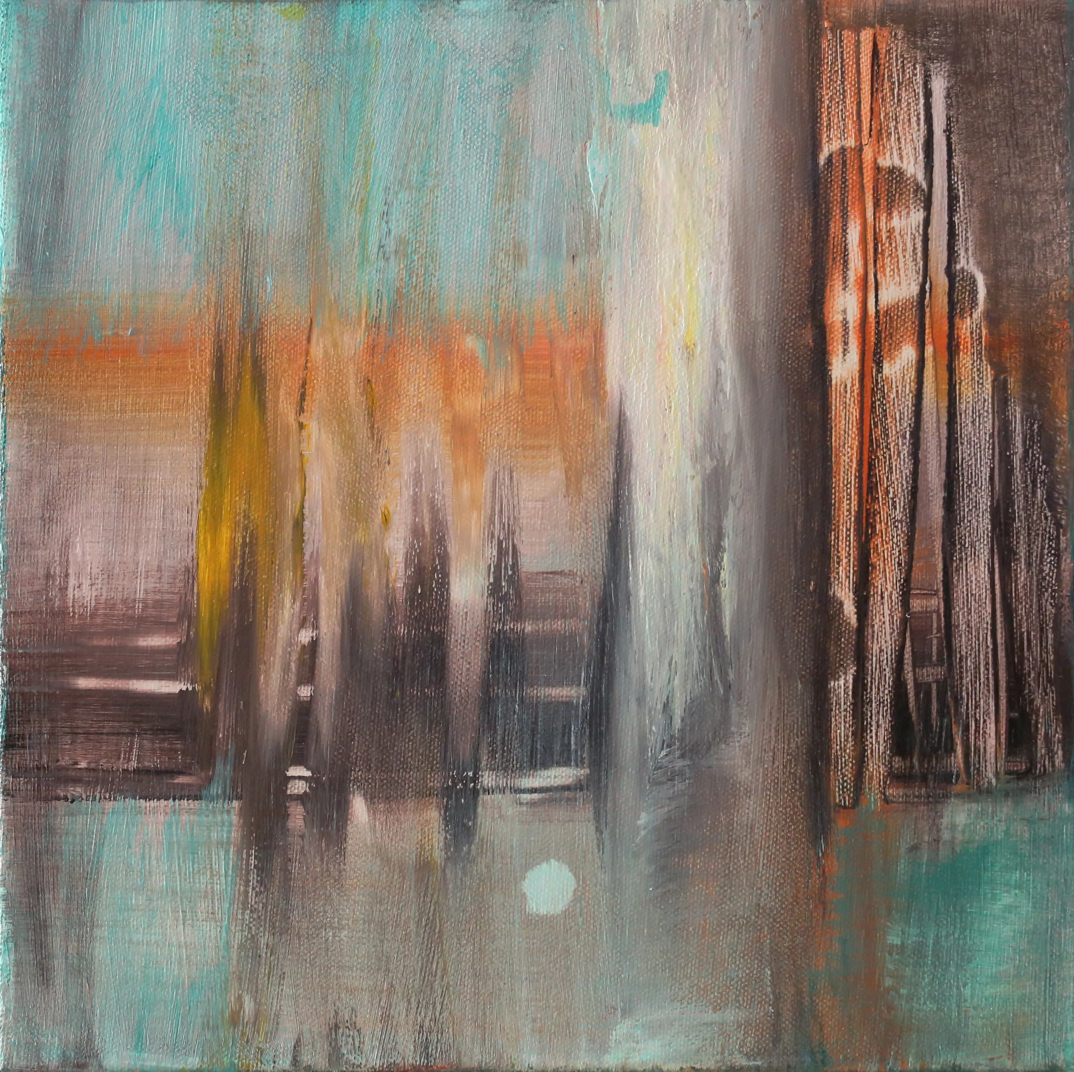 An atmospheric landscape of teal and rust, dripping and soft.