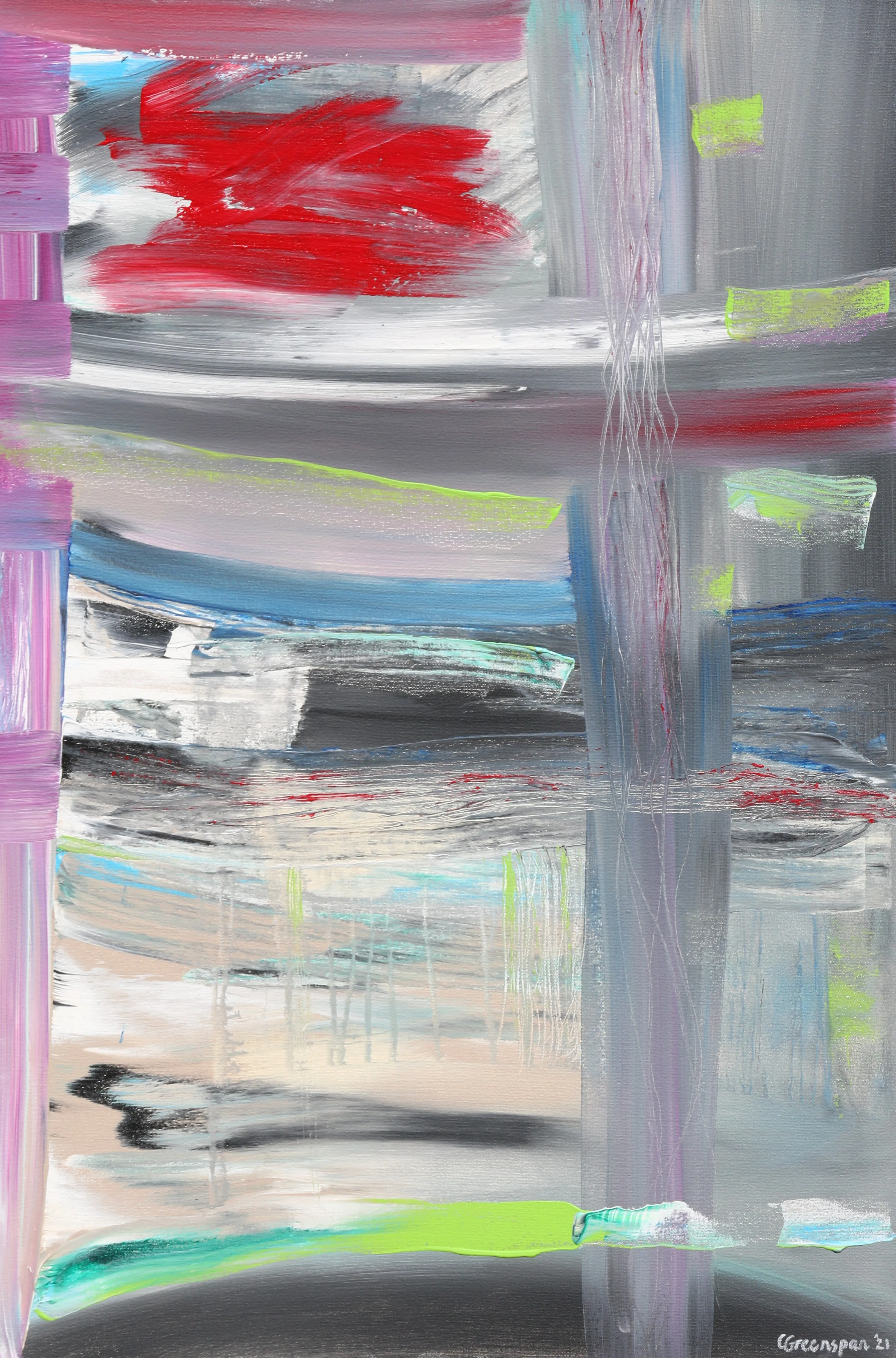 A silver-grey field crossed by a red sweep at the upper left, horizontal blue lines, pink vertical bars down the left edge, lime-green flecks and a trailing pink drip near the centre - marks caught mid-movement.