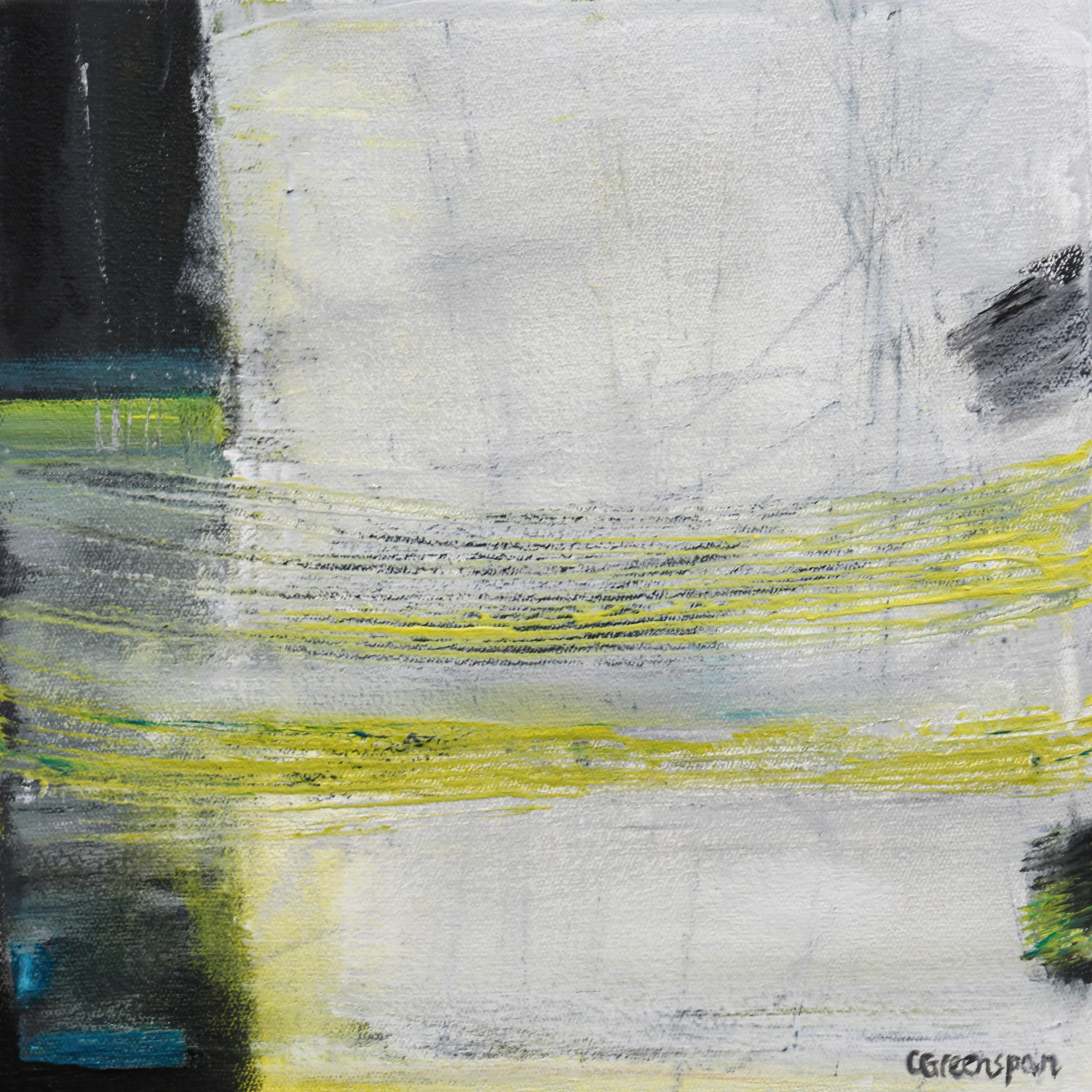 Soft horizontal bands of grey, white and lime.