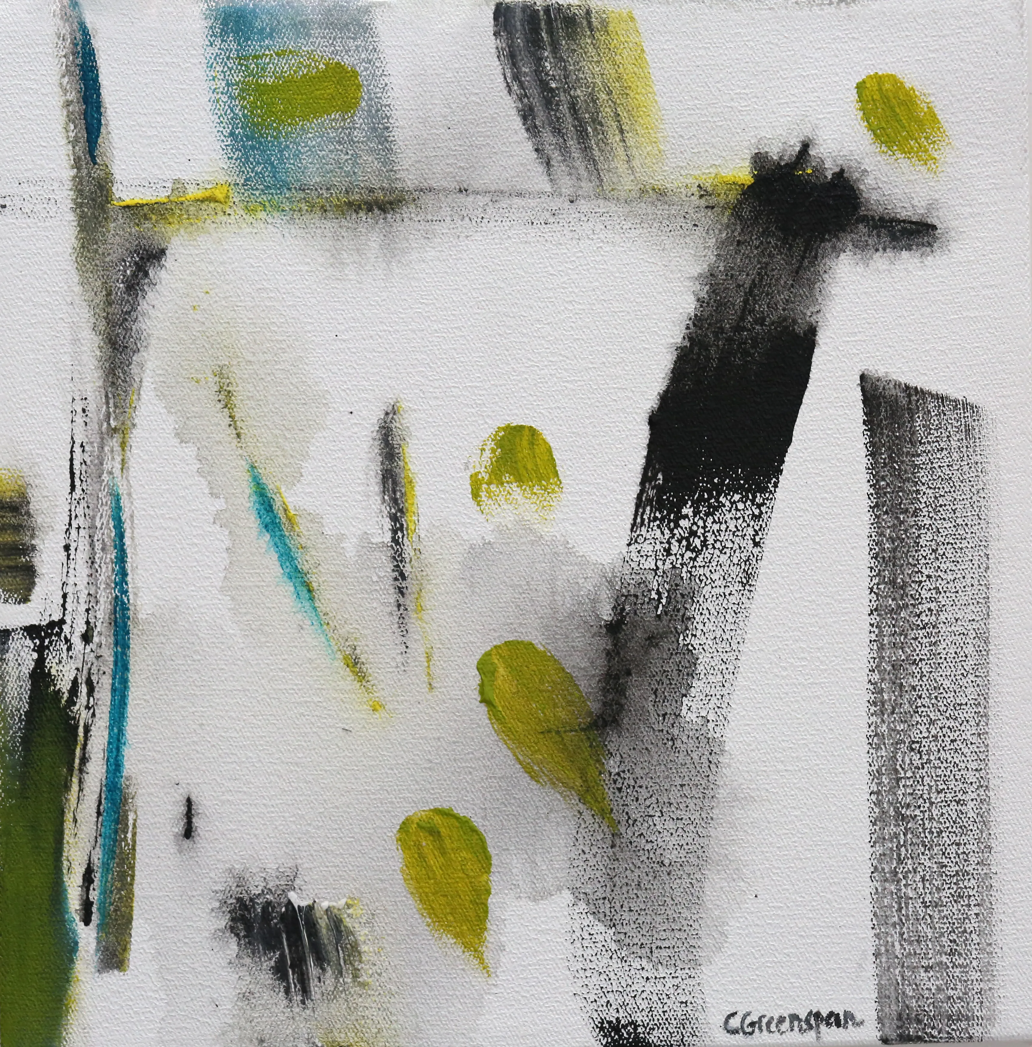 Scattered black, lime and teal brush marks on white.