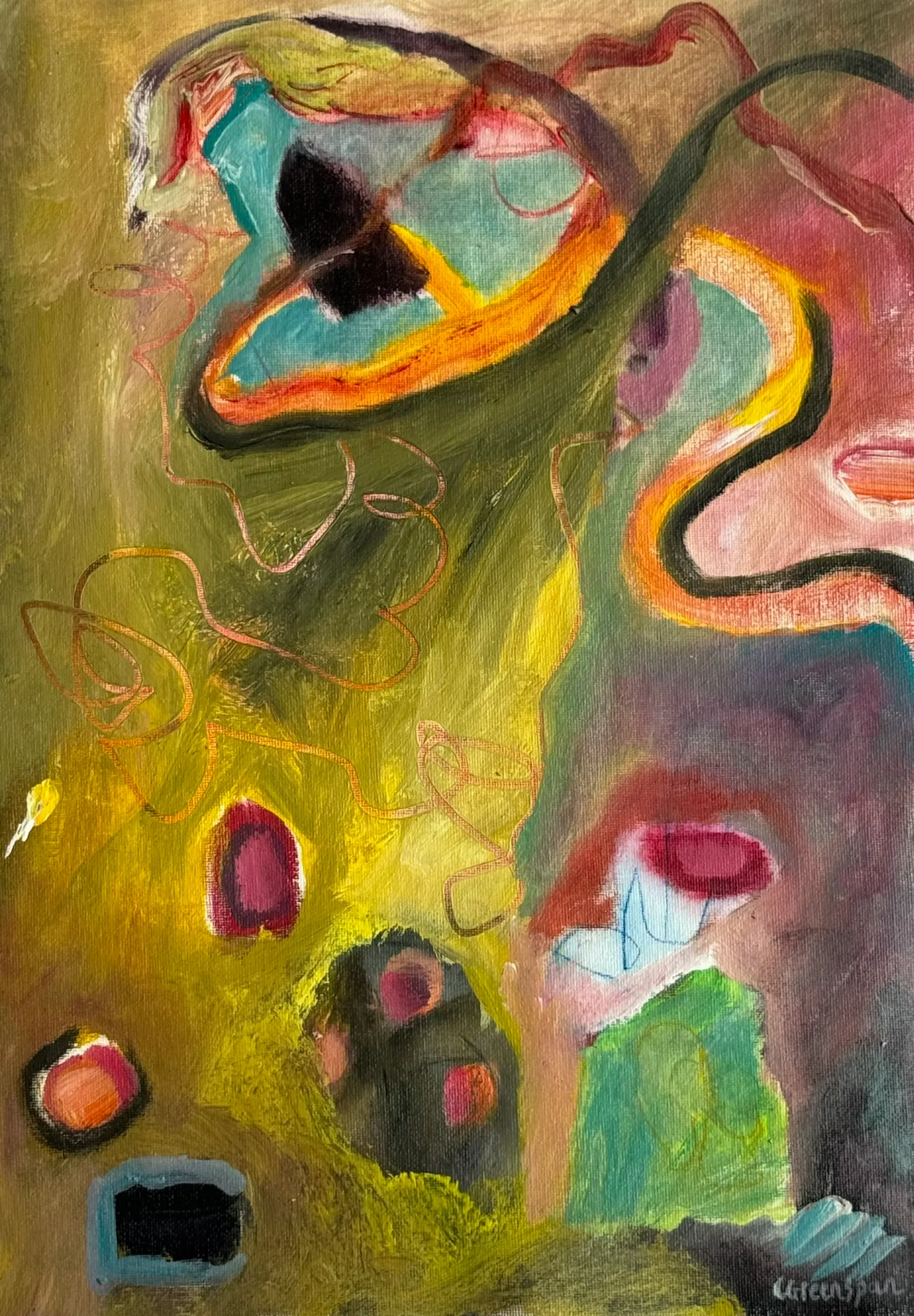 An ochre-yellow ground with orange and teal gestural shapes.