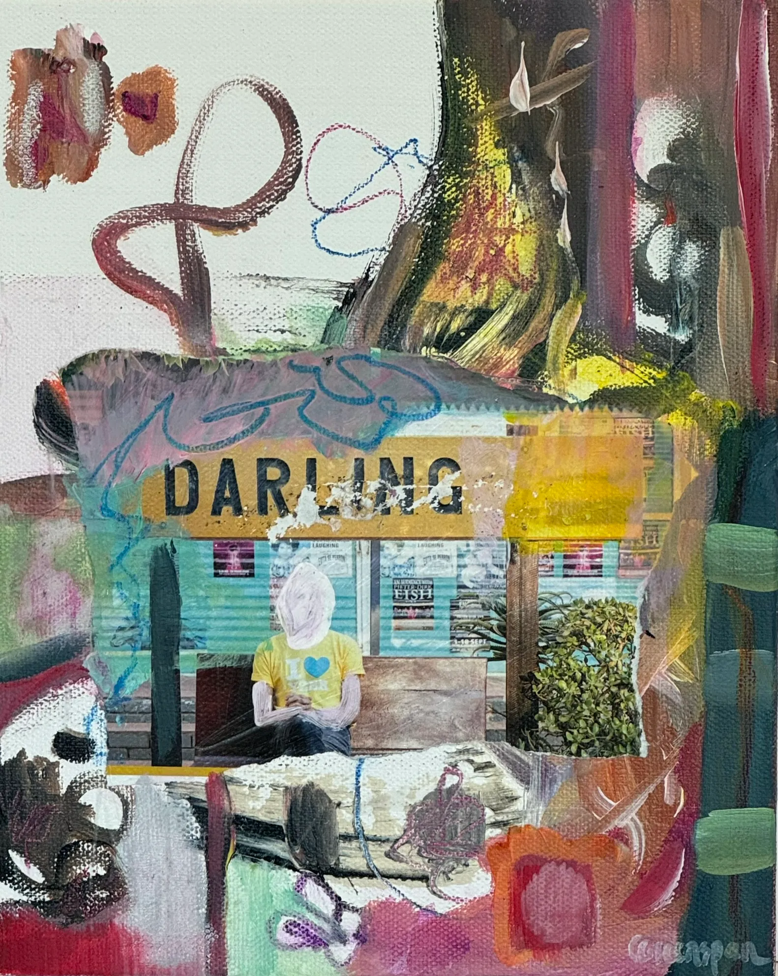 A warm collage-like work layered with printed text.