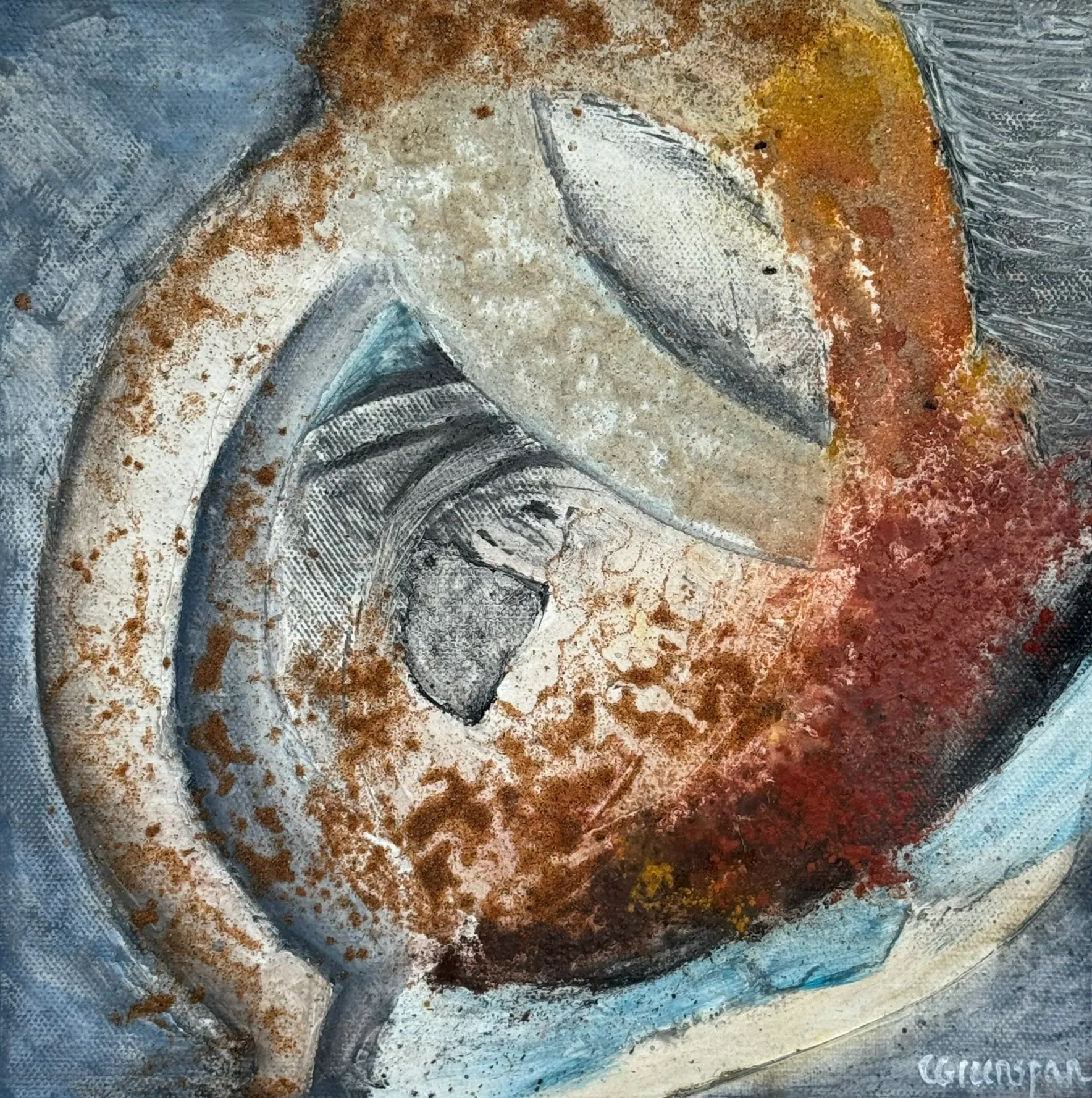 A circular shell-like form in rust, cream and blue.