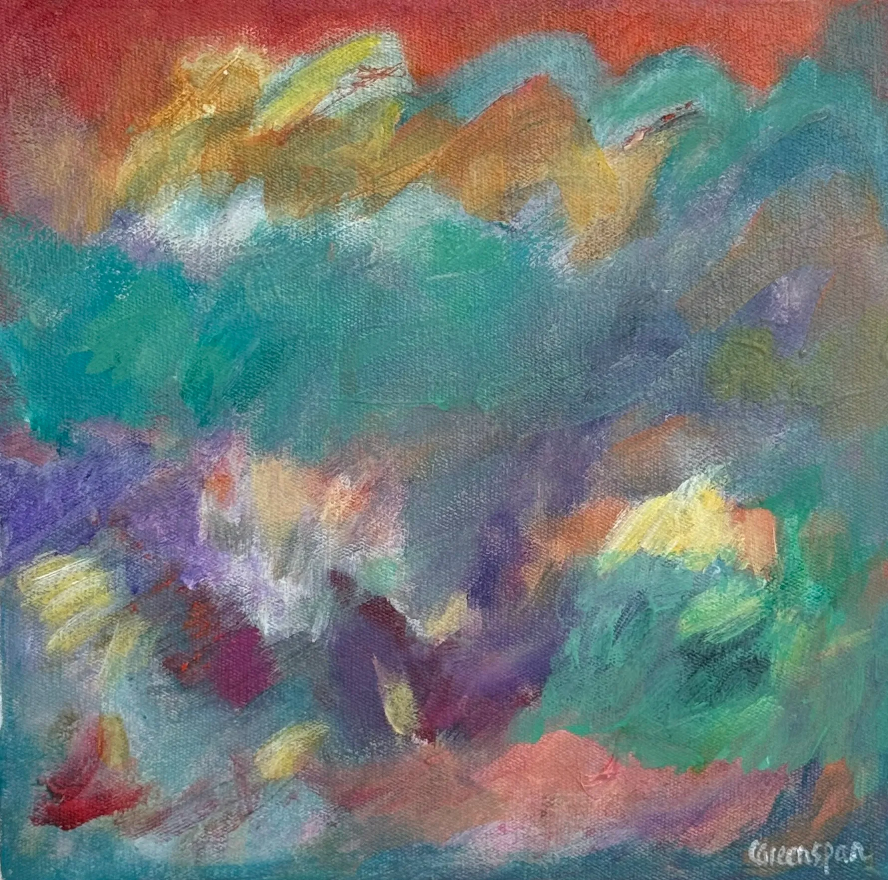 A soft drift of teal, coral, purple and yellow, like coloured cloud.