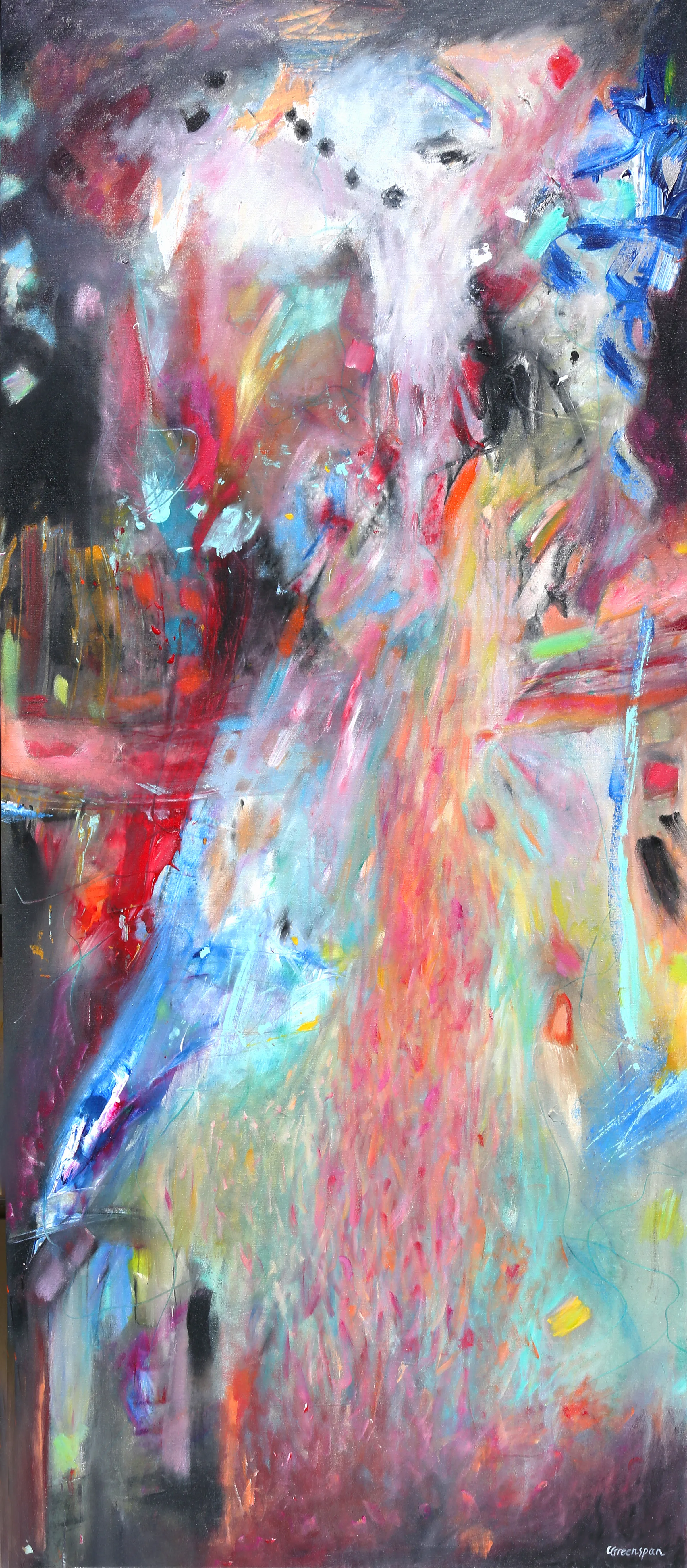A tall, narrow canvas where an exuberant cascade of confetti colour - pinks, blues and reds with a white spray - pours down the centre against a dark ground, like fireworks or falling blossom.