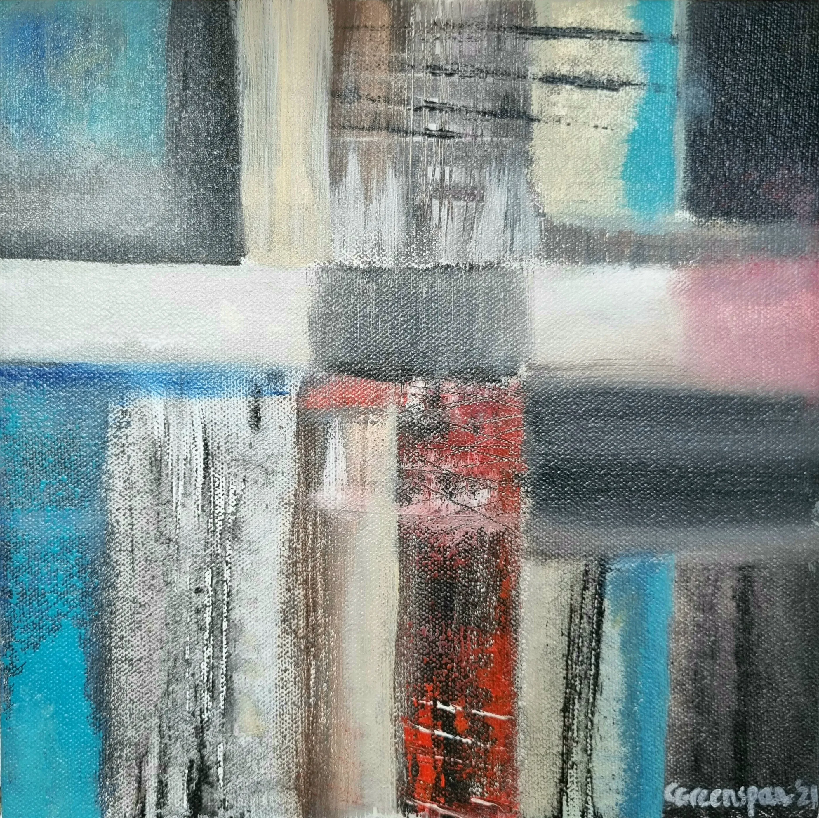 A plaid-like cross of turquoise blocks, charcoal verticals and cream, threaded with red drips and pink lines that knit the squares together.