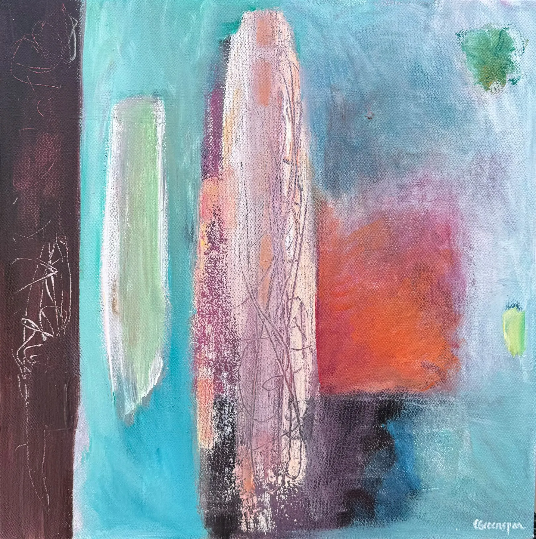 A fresh turquoise field with a tall pale pink column traced in fine scribbled lines at its centre, a soft sage-green vertical stroke to the left, a rust-orange block to the right and a deep brown band down the left edge.