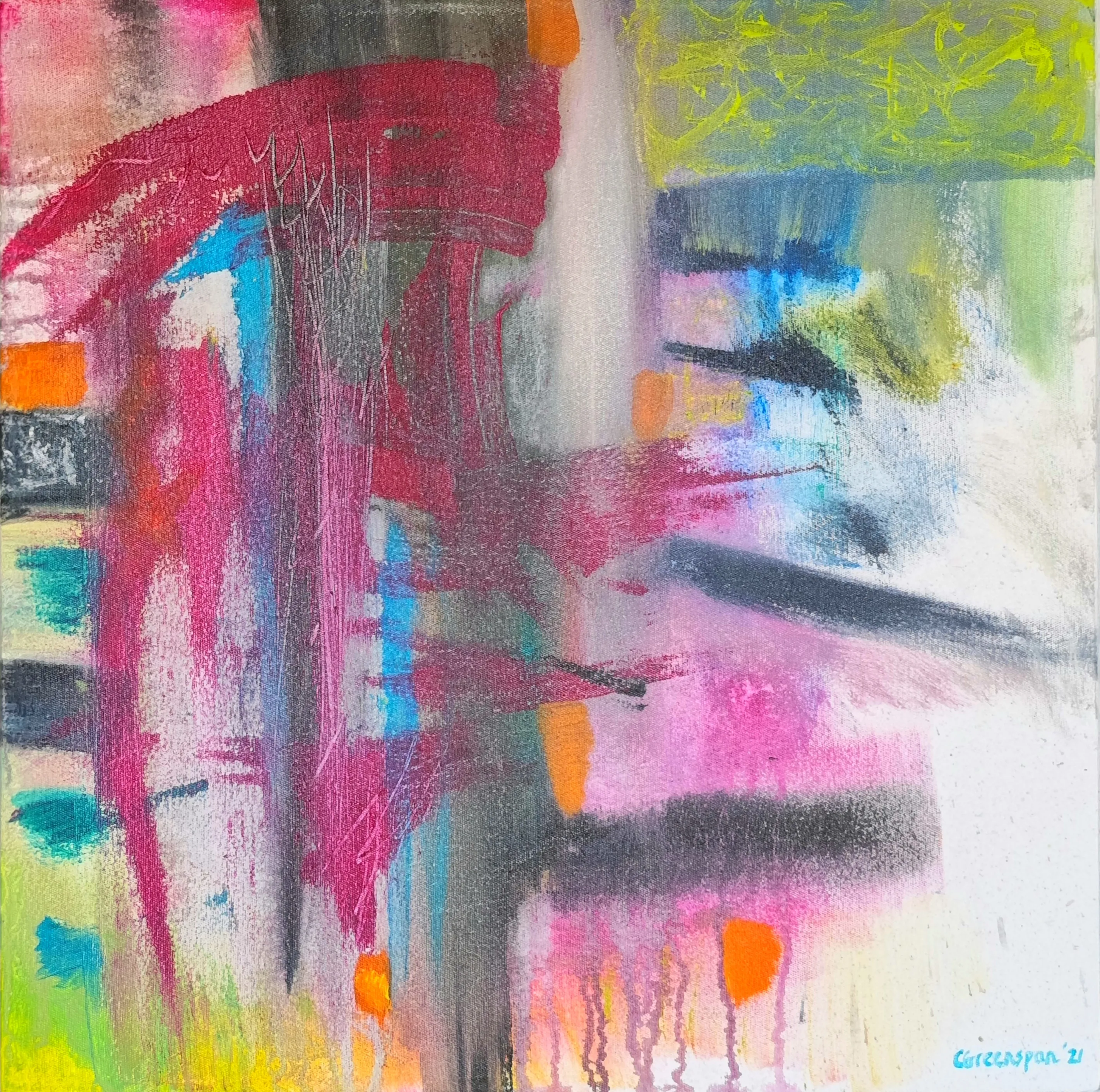A pale luminous field crossed by a bold magenta-pink sweep at the centre-left, with charcoal strokes, turquoise dabs, orange flecks and a patch of lime green at the upper right.