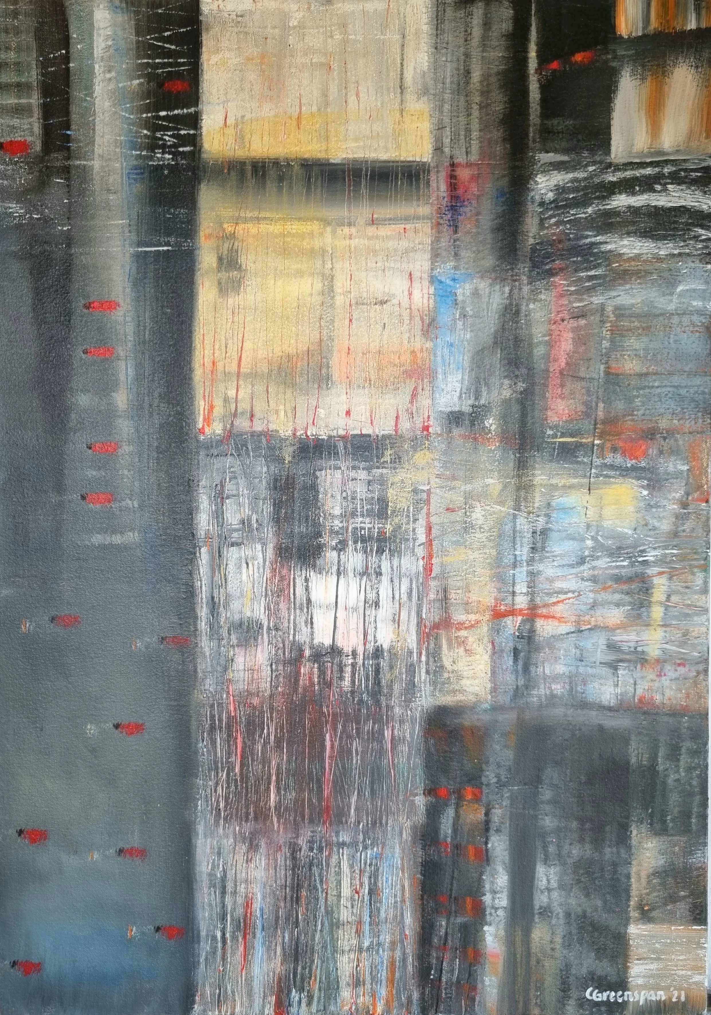 A grey-blue grid like a rainy city seen through glass - vertical pillars, ochre and yellow window-blocks at the centre, red dashes and drips and scratched vertical lines.